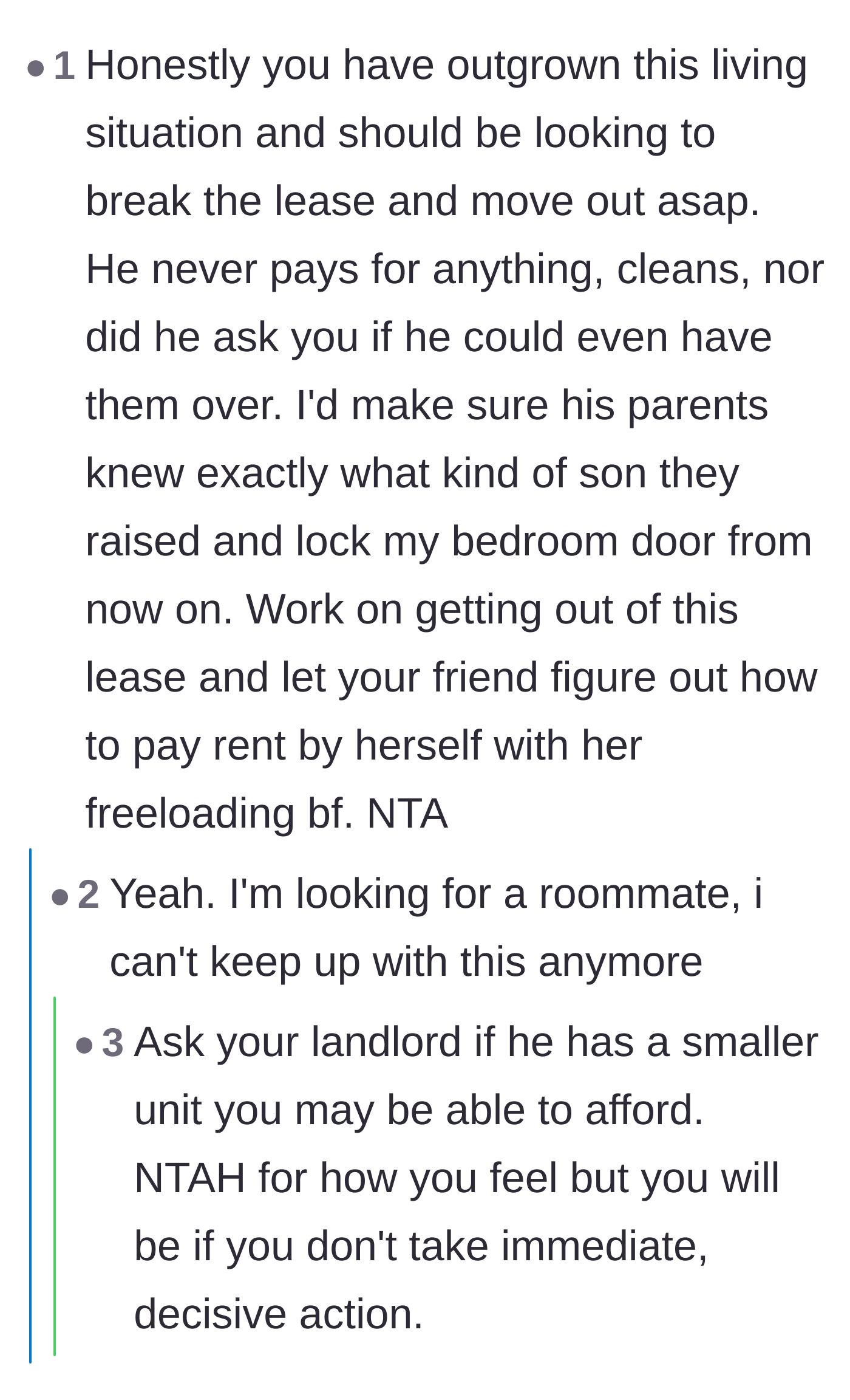Comment thread 5 - Support for the main character to break her lease and find a new living situation immediately.