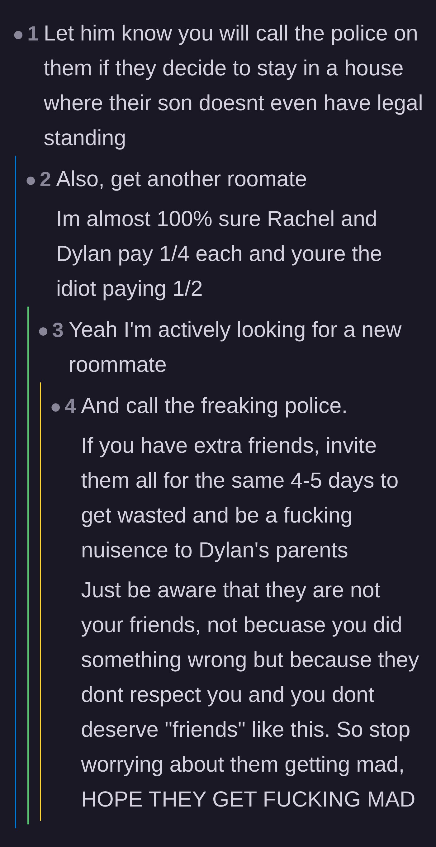 Comment thread 6 - Suggestions to be incredibly petty, host a loud party, and ruin the parents' stay.