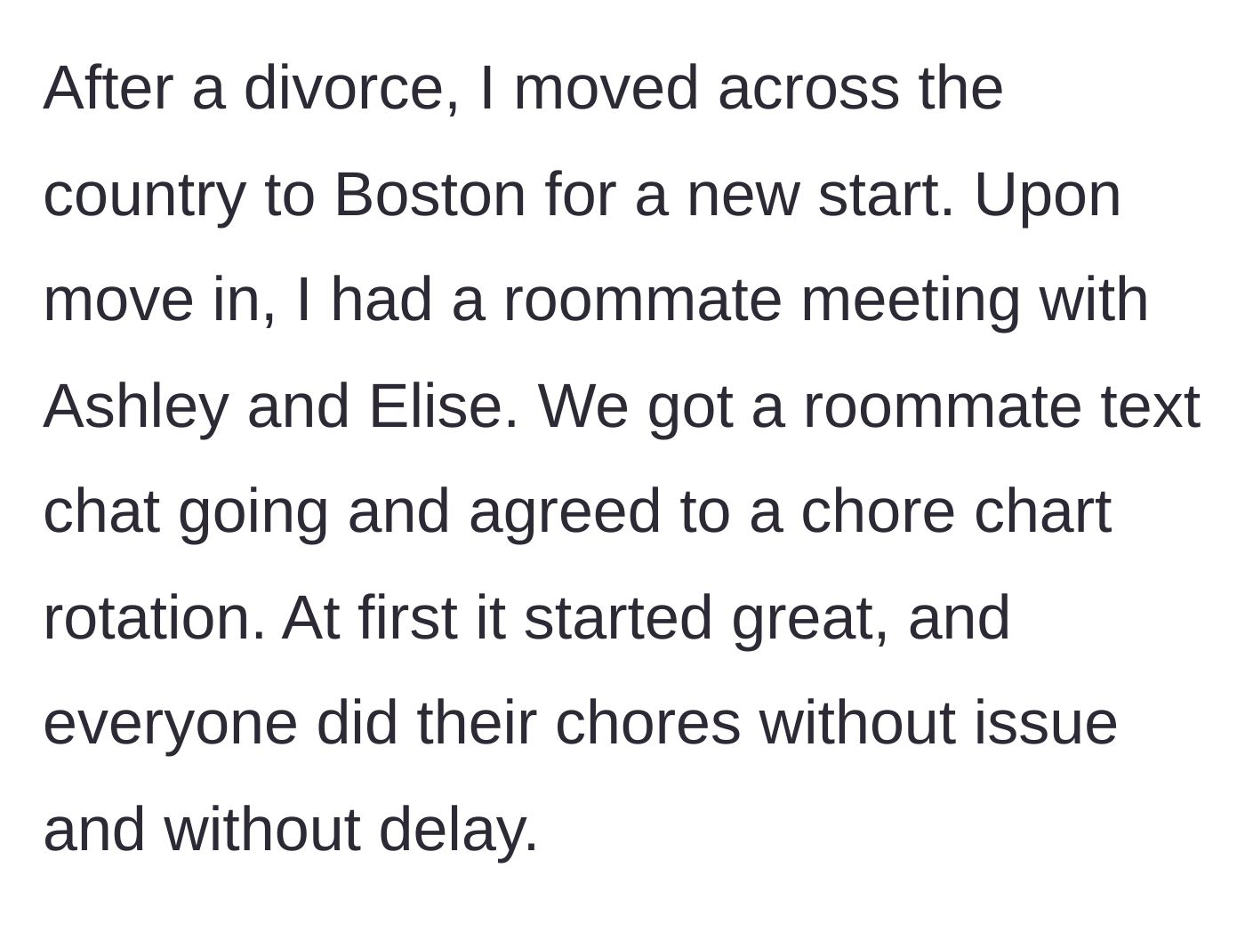 Story part 1 - Moving to Boston, having a roommate meeting, and setting up a chore chart that initially works perfectly.