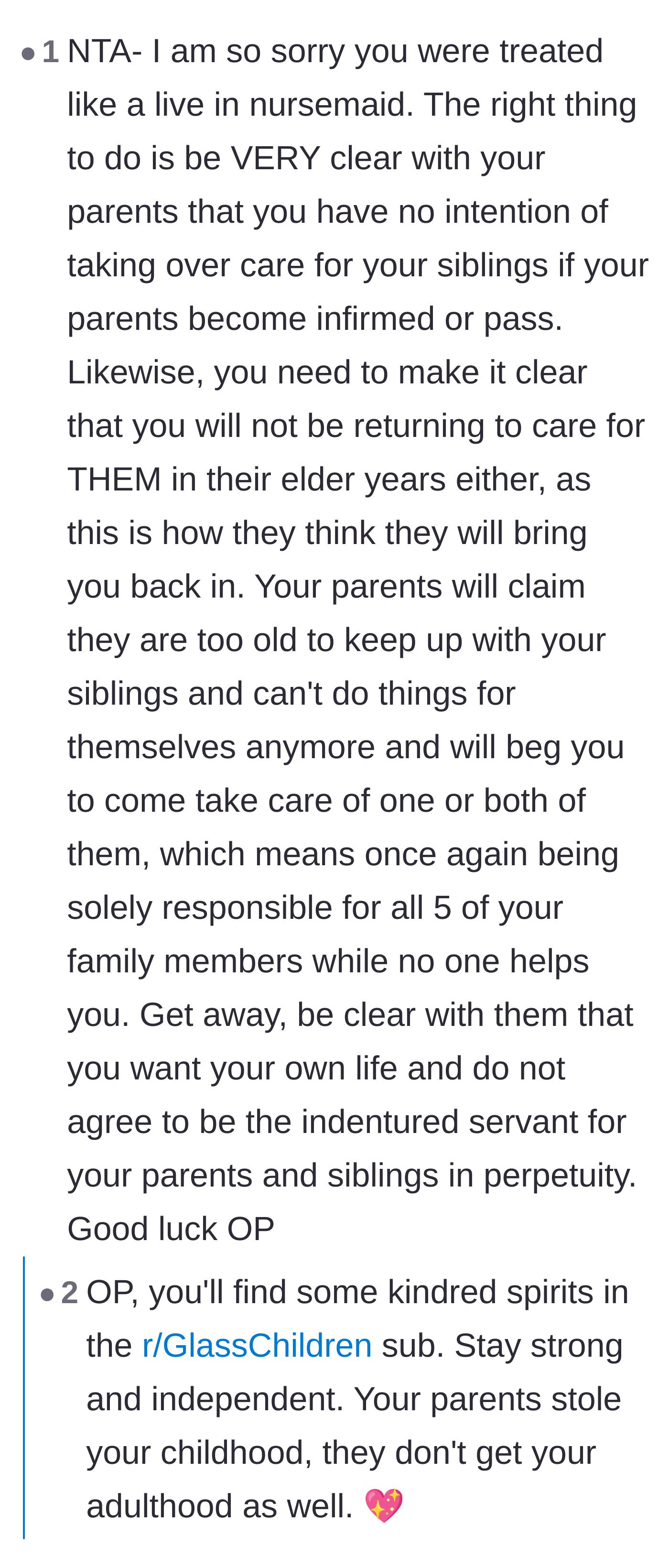 Comment thread 1 - Readers validating the author's 'glass child' experience and warning him that his parents will try to use elder care to trap him again.