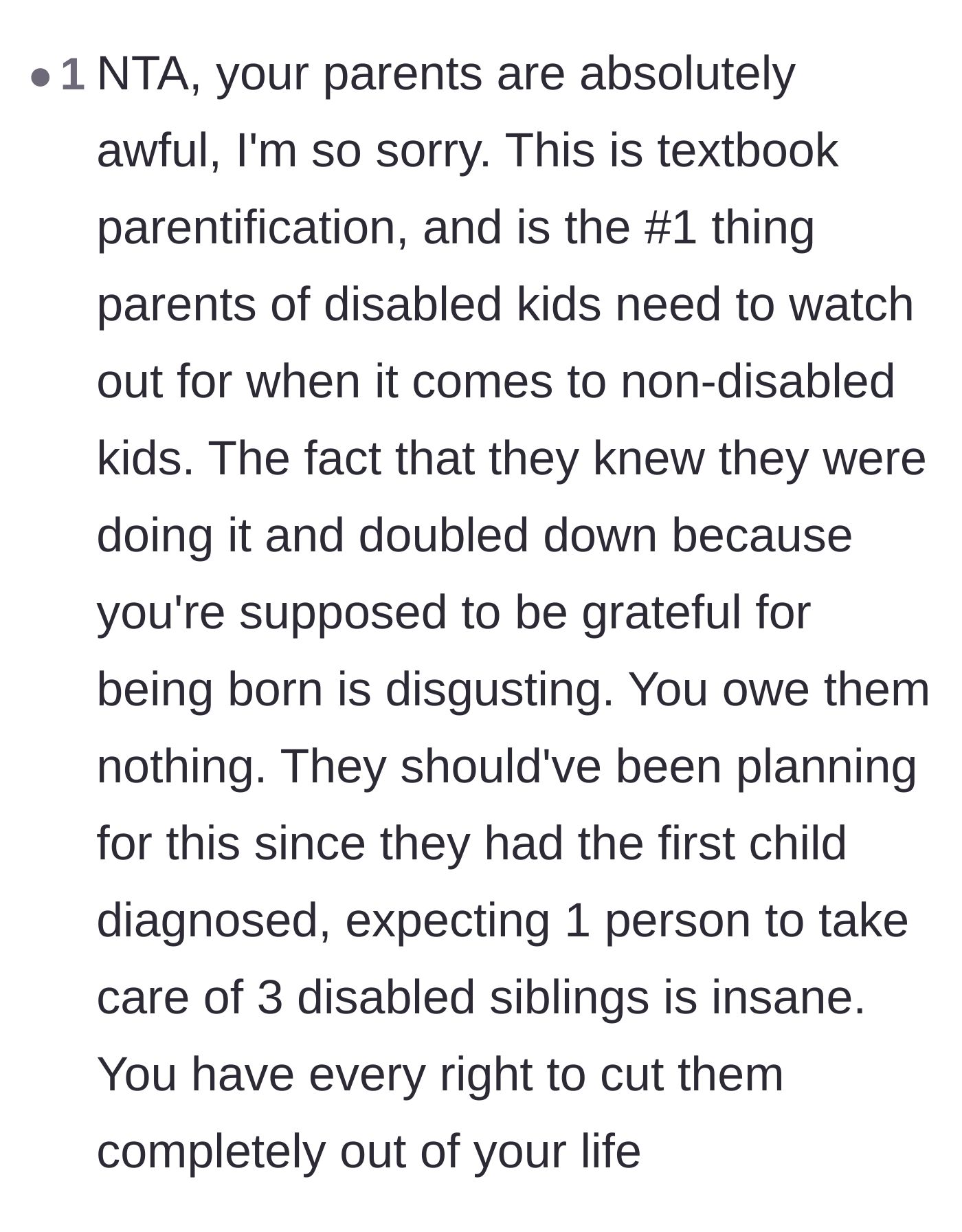 Comment thread 3 - A commenter explaining that the parents are guilty of textbook parentification and need to take responsibility for their own lack of planning.
