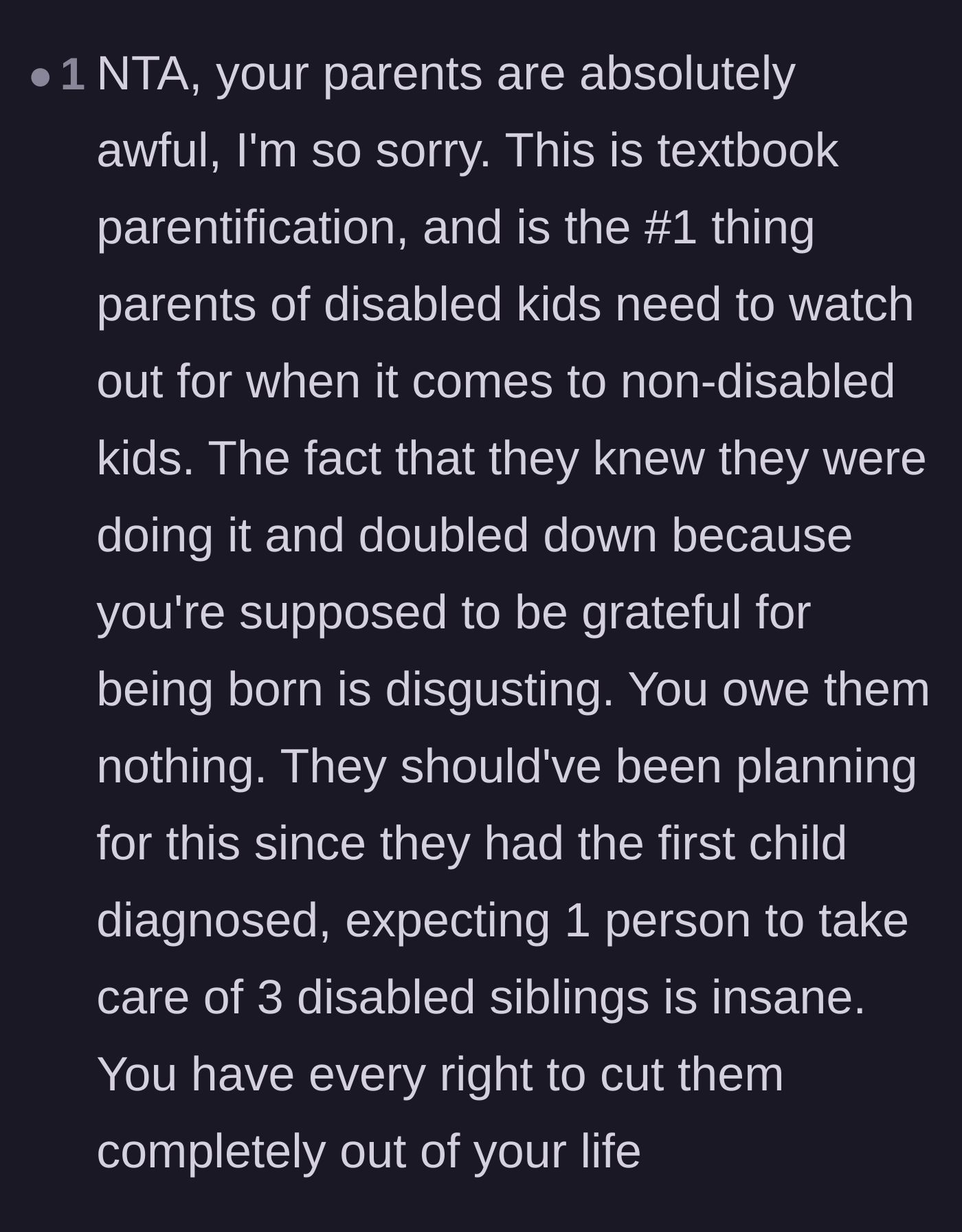 Comment thread 3 - A commenter explaining that the parents are guilty of textbook parentification and need to take responsibility for their own lack of planning.