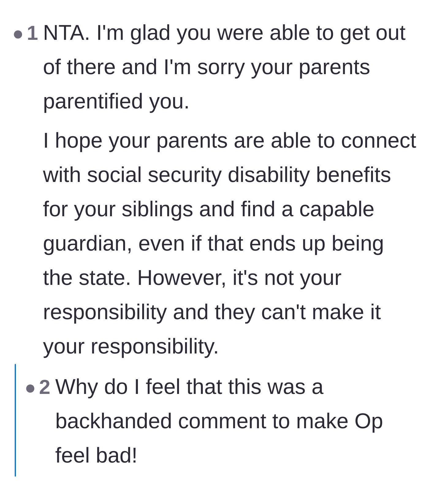 Comment thread 5 - A commenter suggesting the parents look into social security and state guardianships instead of relying solely on their son.