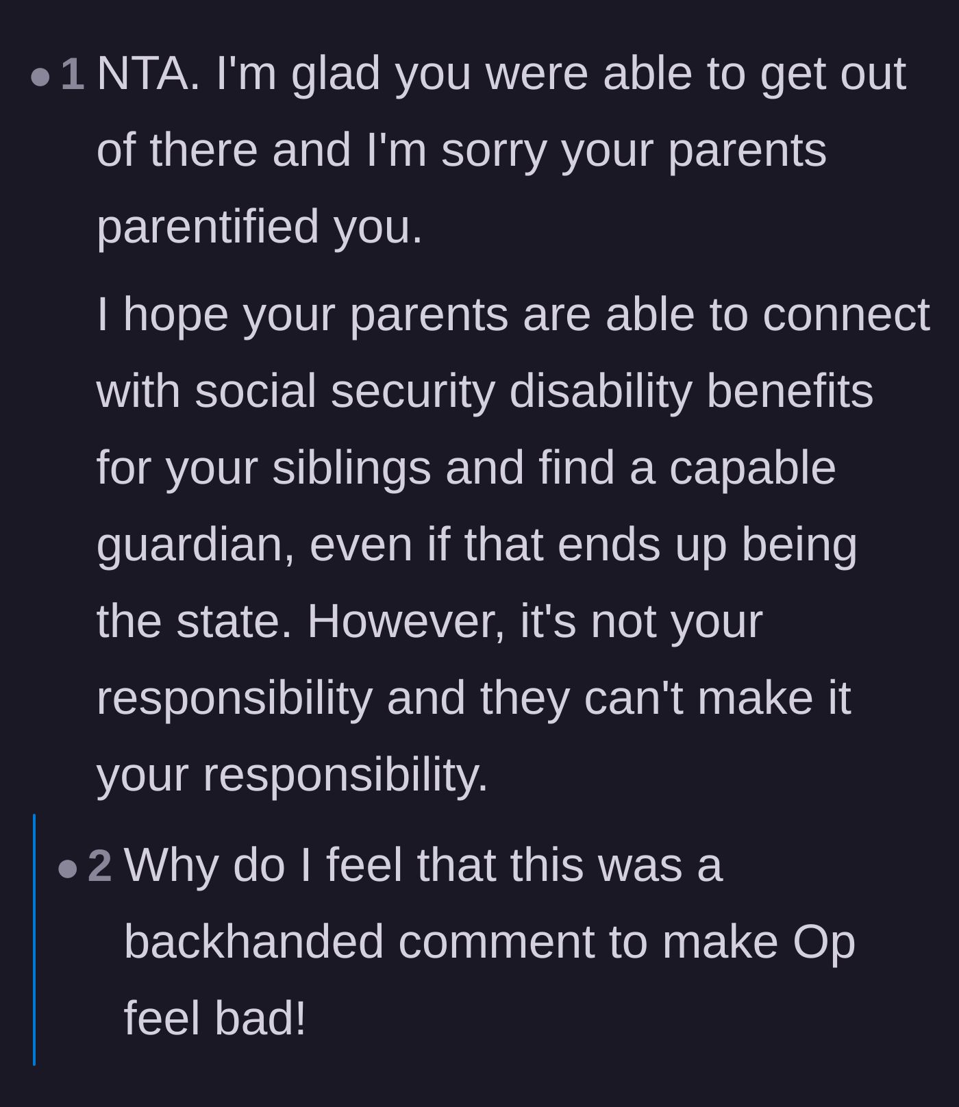 Comment thread 5 - A commenter suggesting the parents look into social security and state guardianships instead of relying solely on their son.