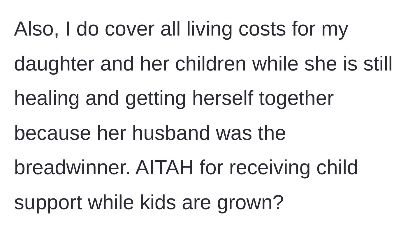 Story part 3 - The mother questions if she is wrong for collecting the money, noting she uses her income to fully support her grieving daughter's family.