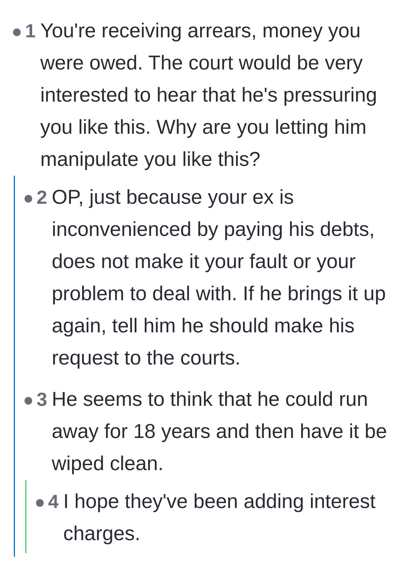 Comment thread 3 - Users pointing out that the ex's pressure tactics to drop the case could be of great interest to the court