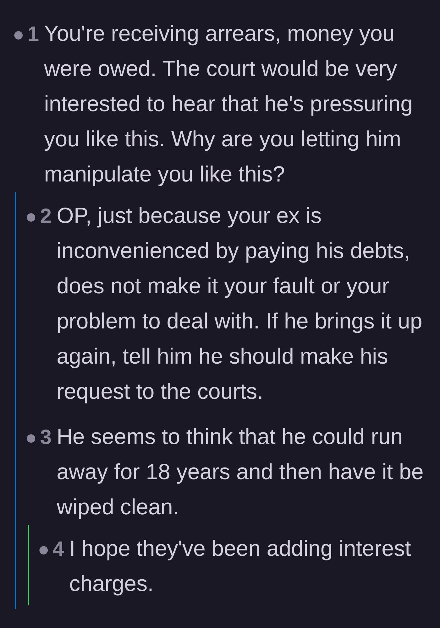 Comment thread 3 - Users pointing out that the ex's pressure tactics to drop the case could be of great interest to the court