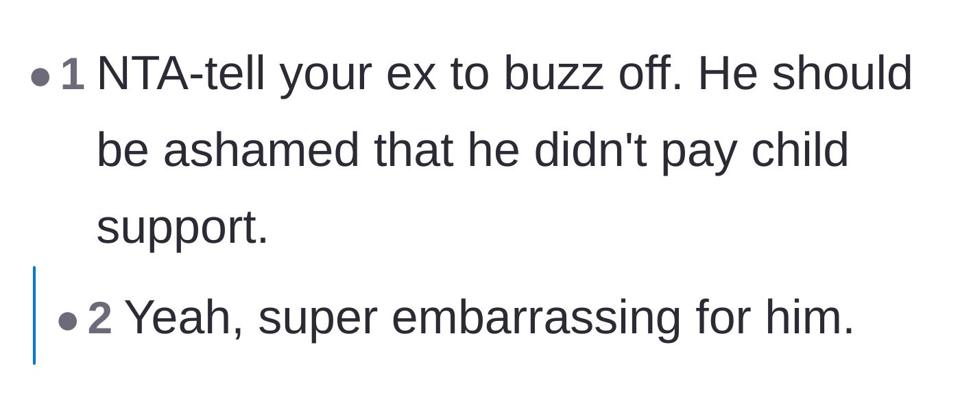 Comment thread 4 - A blunt assessment of the ex's shameful behavior and lack of accountability