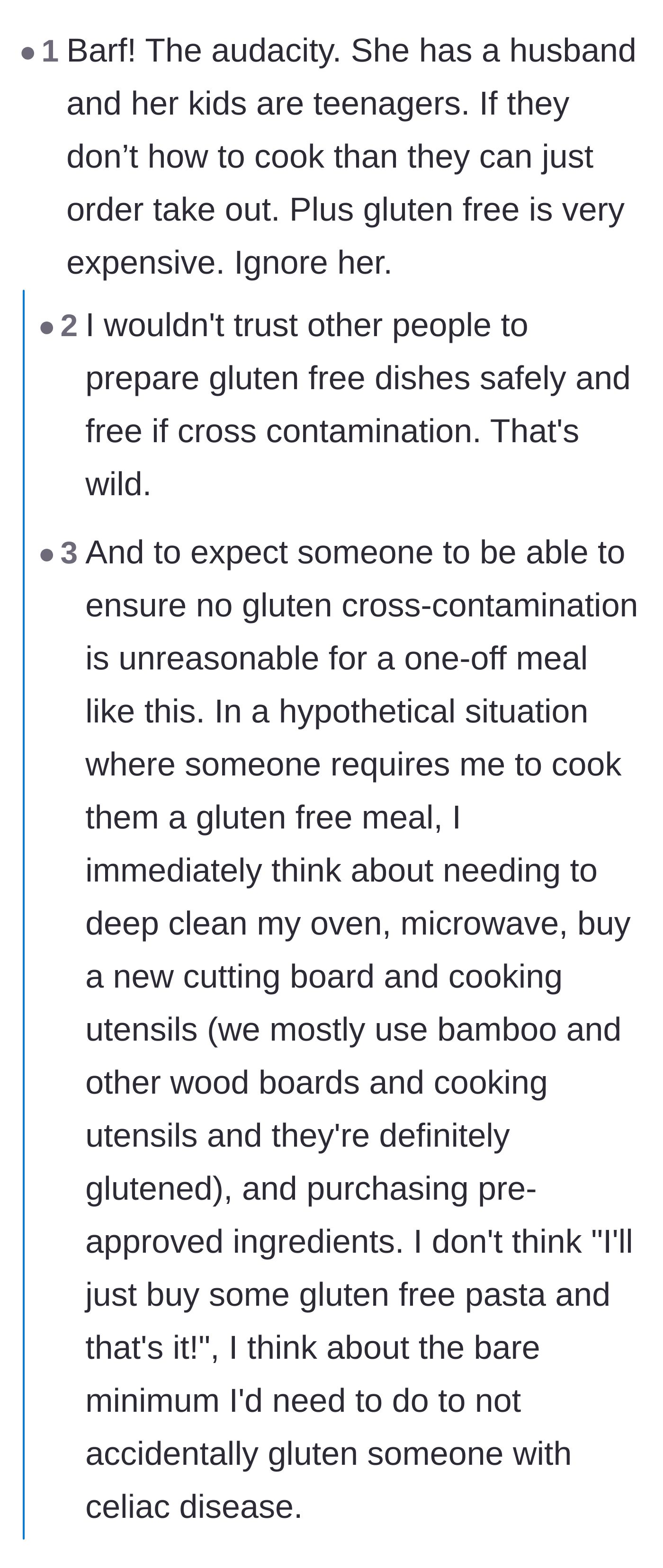 Comment thread 1 - Discussing the unrealistic and dangerous expectation of asking untrained friends to safely prepare expensive gluten-free meals.