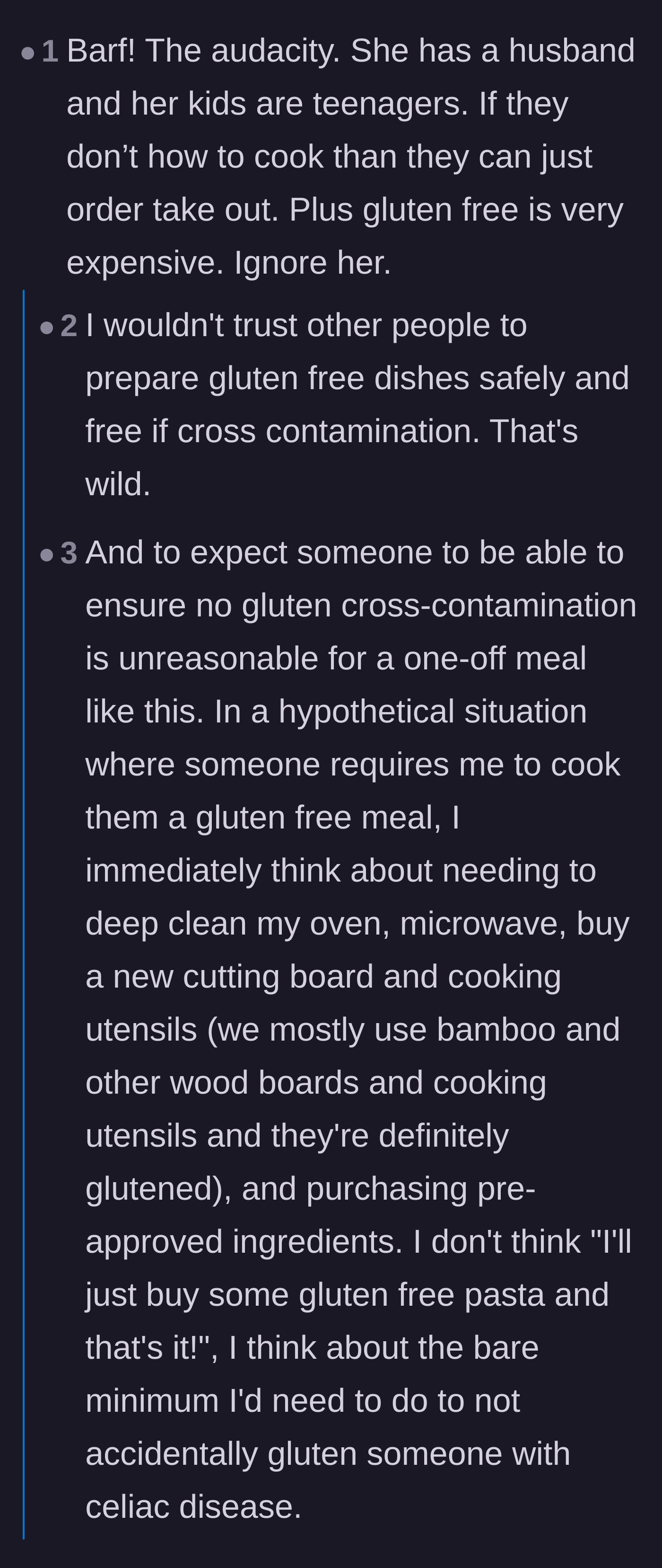 Comment thread 1 - Discussing the unrealistic and dangerous expectation of asking untrained friends to safely prepare expensive gluten-free meals.