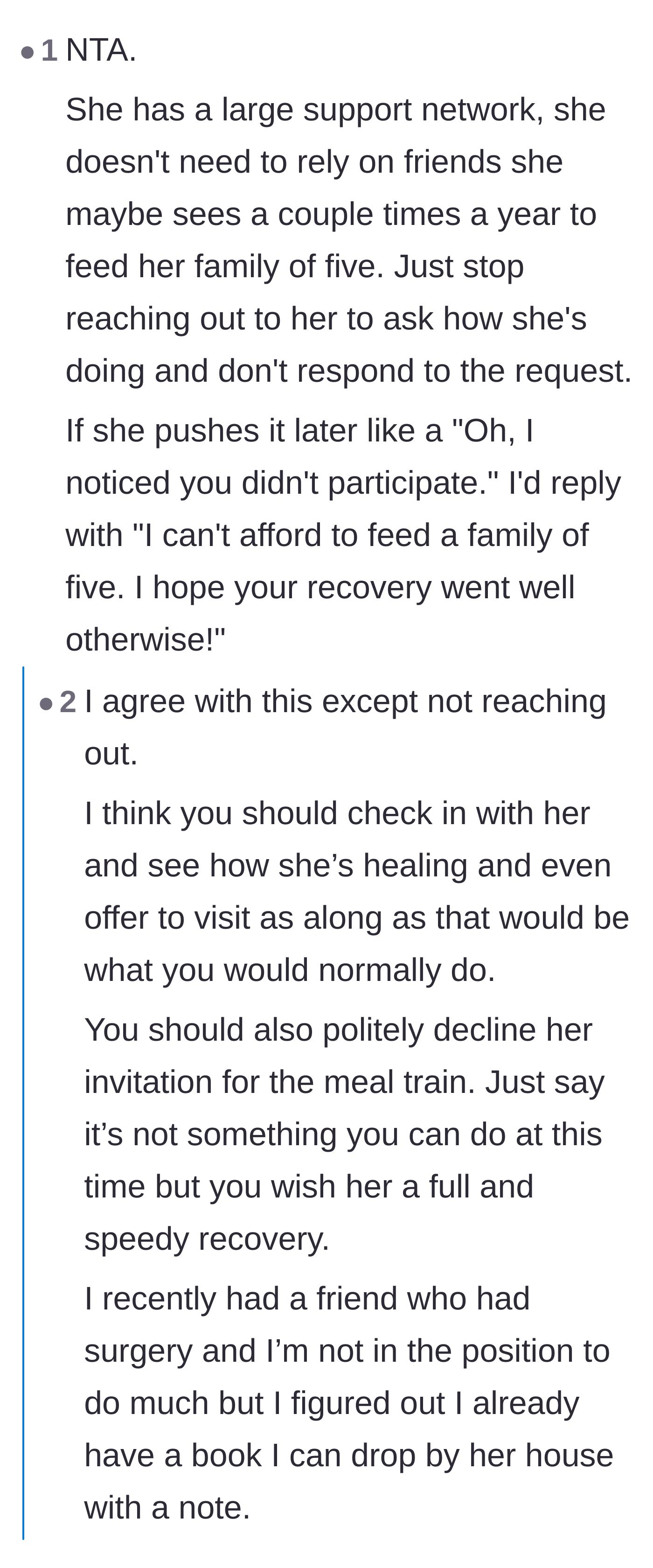 Comment thread 2 - Advising the main character to stop checking in and clearly state she cannot afford to feed a family of five.