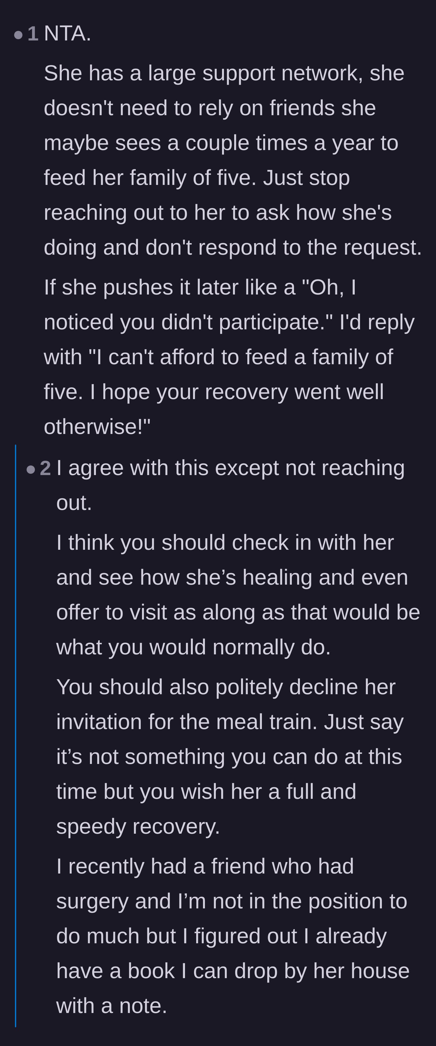 Comment thread 2 - Advising the main character to stop checking in and clearly state she cannot afford to feed a family of five.