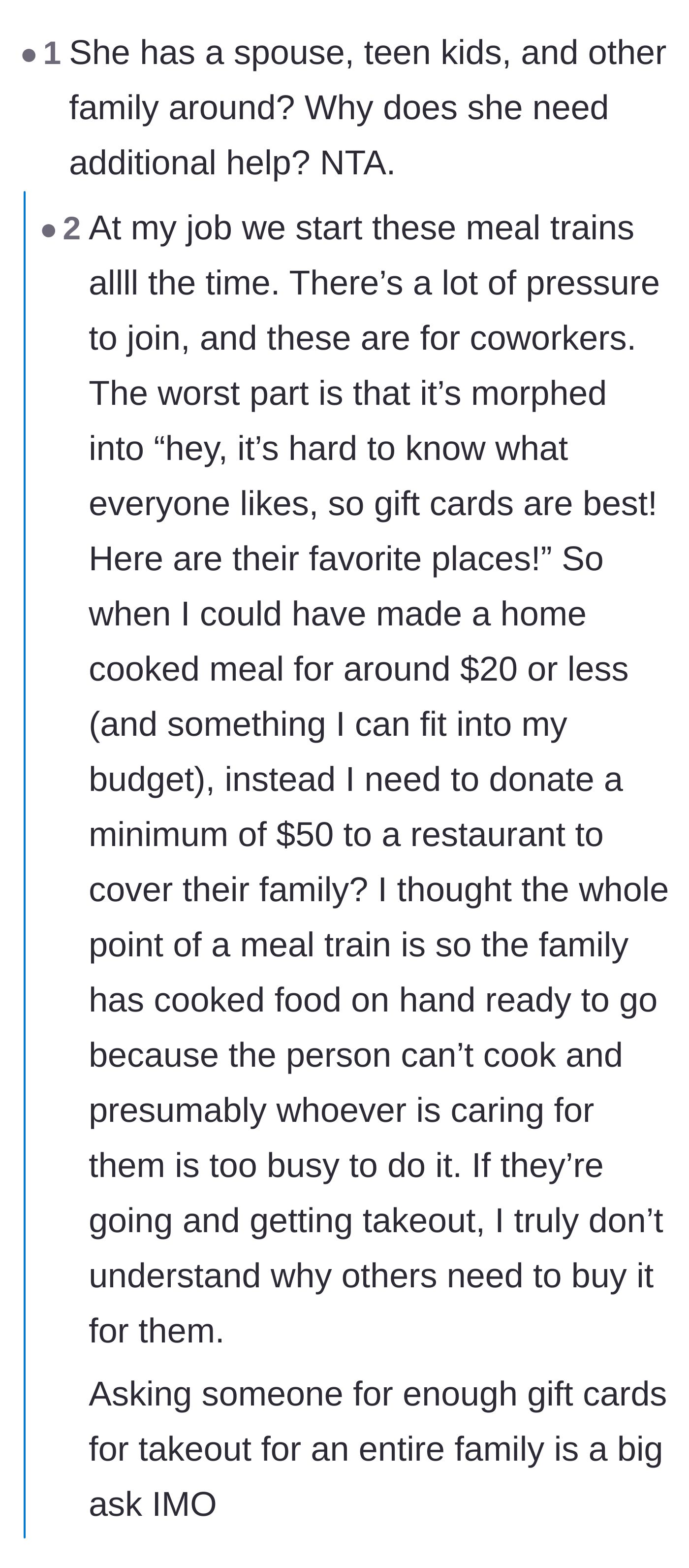 Comment thread 3 - Questioning why a fully capable household needs help, leading to a discussion about toxic meal trains demanding restaurant gift cards.