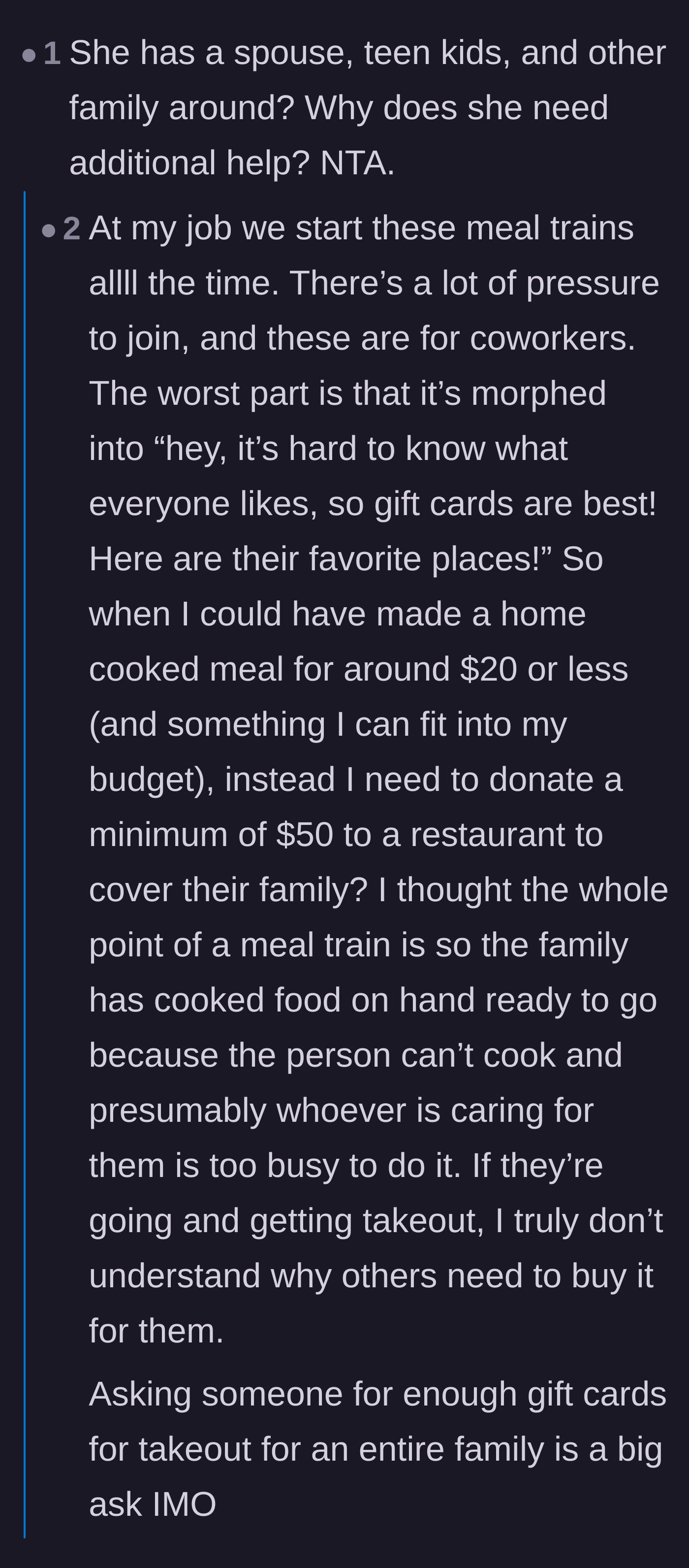 Comment thread 3 - Questioning why a fully capable household needs help, leading to a discussion about toxic meal trains demanding restaurant gift cards.