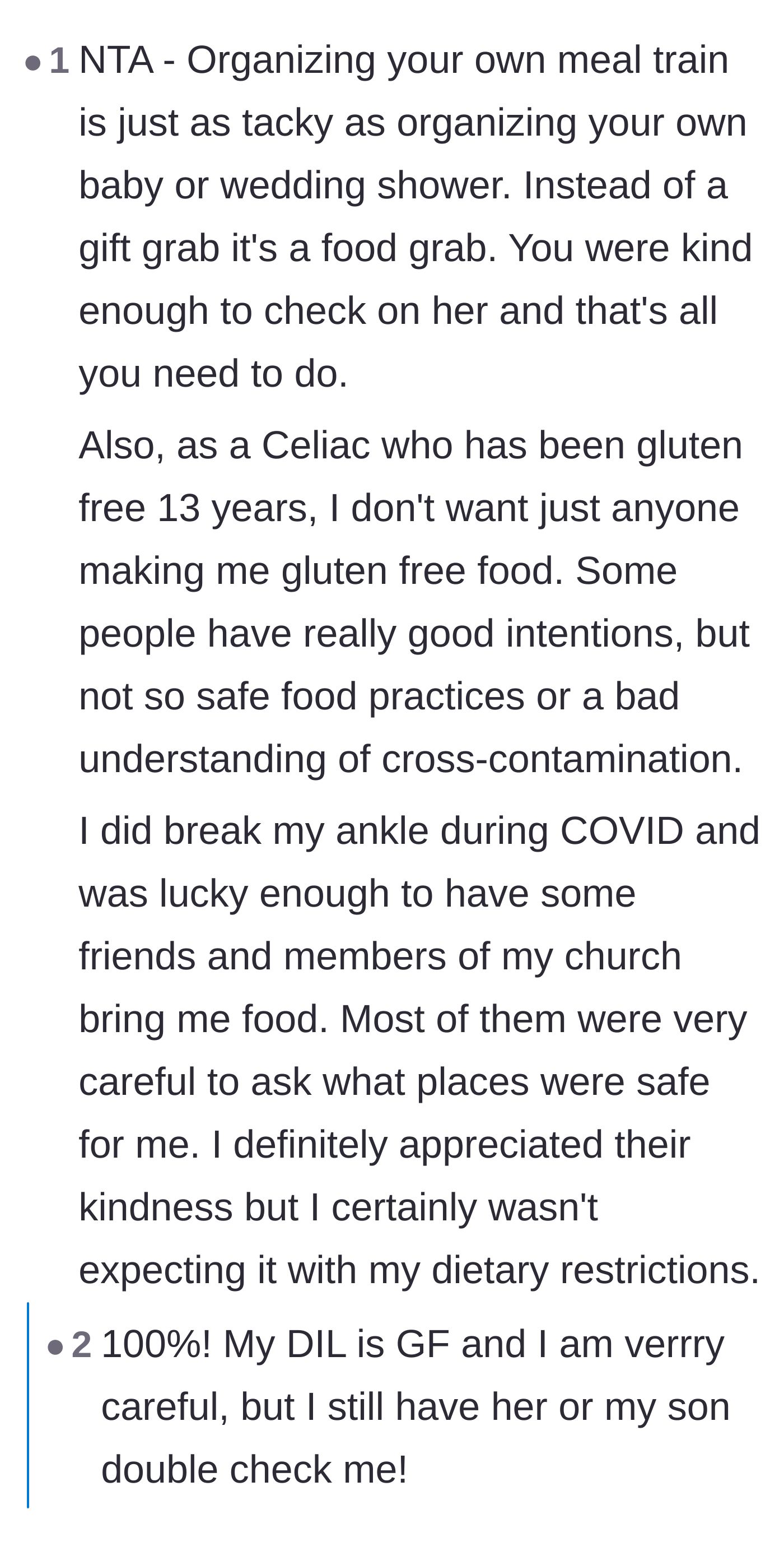 Comment thread 4 - Calling it tacky to organize your own meal train and highlighting the severe health risks of having random people cook for a Celiac.