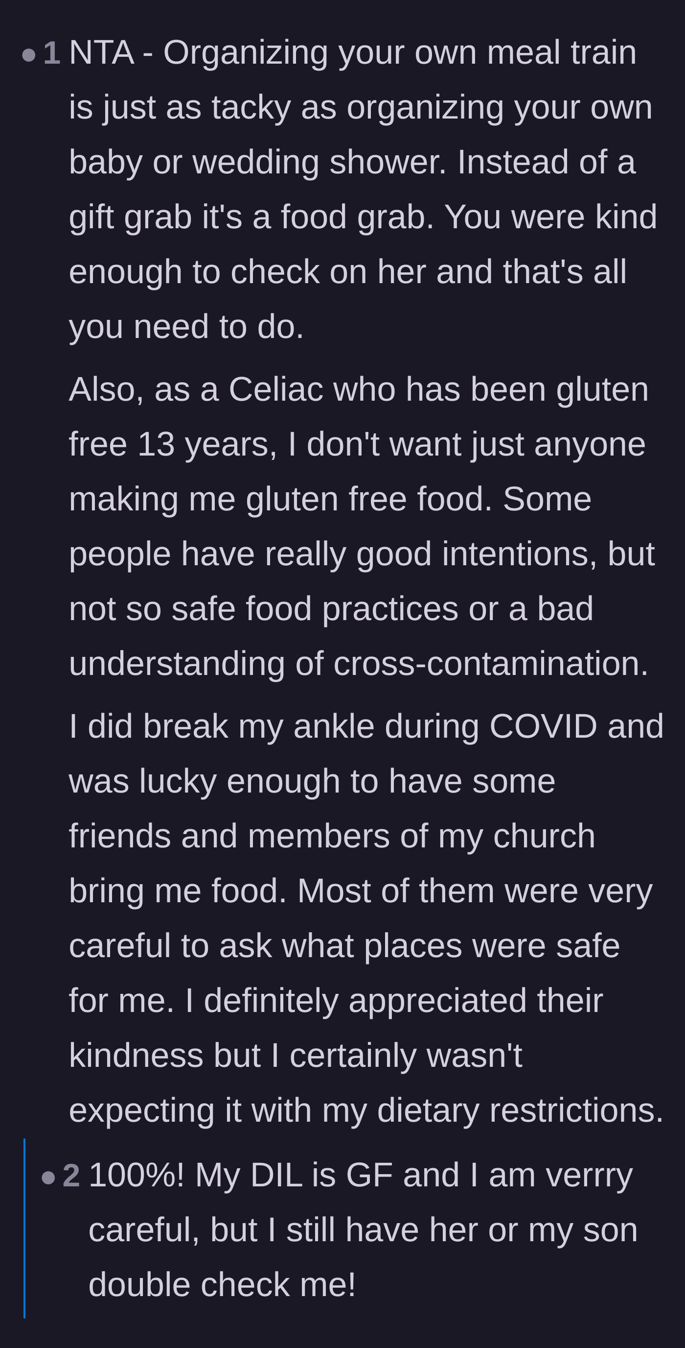 Comment thread 4 - Calling it tacky to organize your own meal train and highlighting the severe health risks of having random people cook for a Celiac.