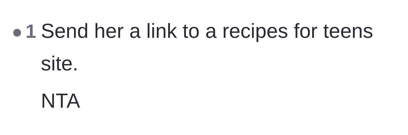 Comment thread 6 - Suggesting the main character playfully fight back by sending the friend a link to a recipe website for teenagers.