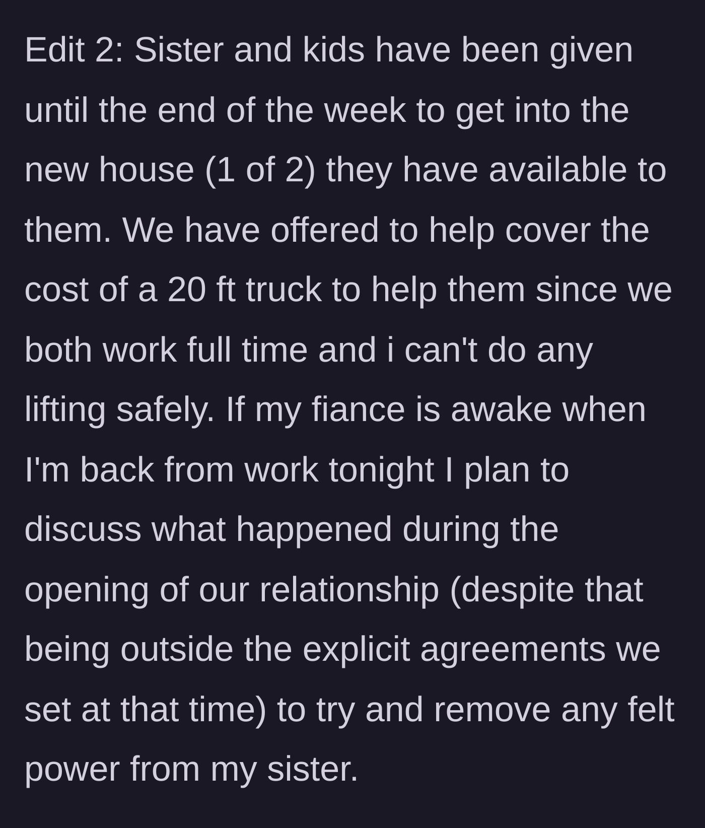 Story part 11 - Sister given a deadline to move out while main character plans to confess to fiance