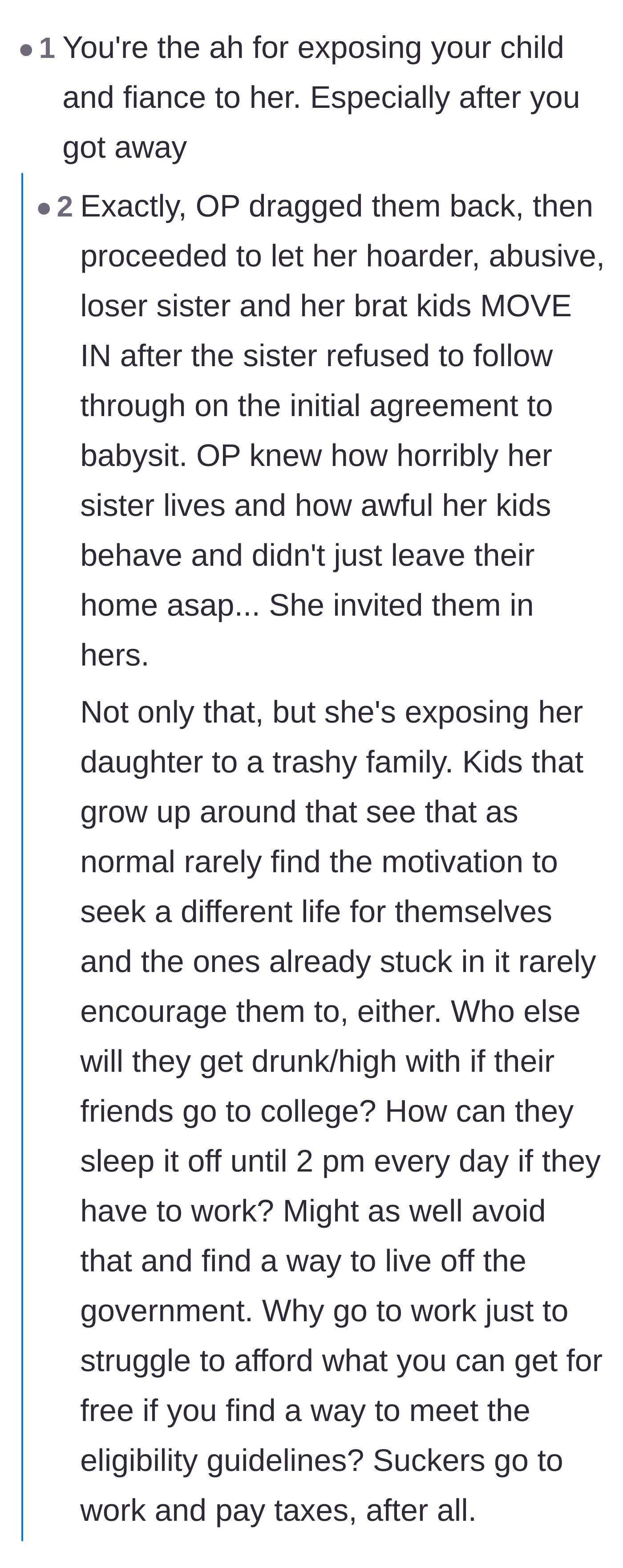 Comment thread 2 - Debating the main character's responsibility for exposing her kid to a toxic environment