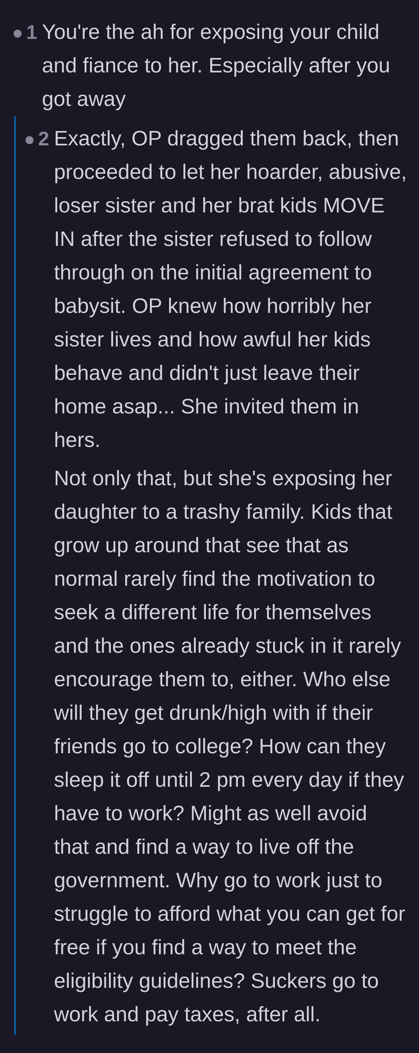 Comment thread 2 - Debating the main character's responsibility for exposing her kid to a toxic environment