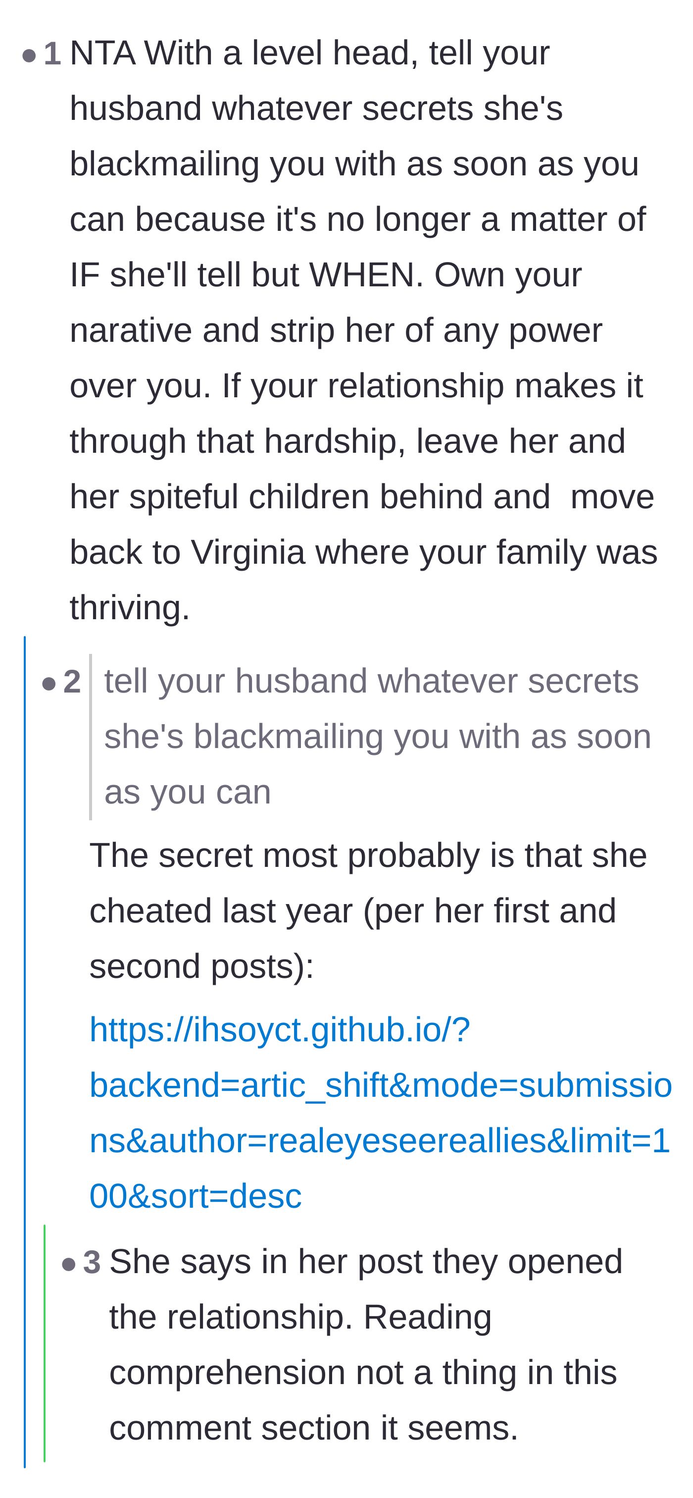 Comment thread 4 - Suggesting the main character confess her secrets first to destroy the blackmail leverage