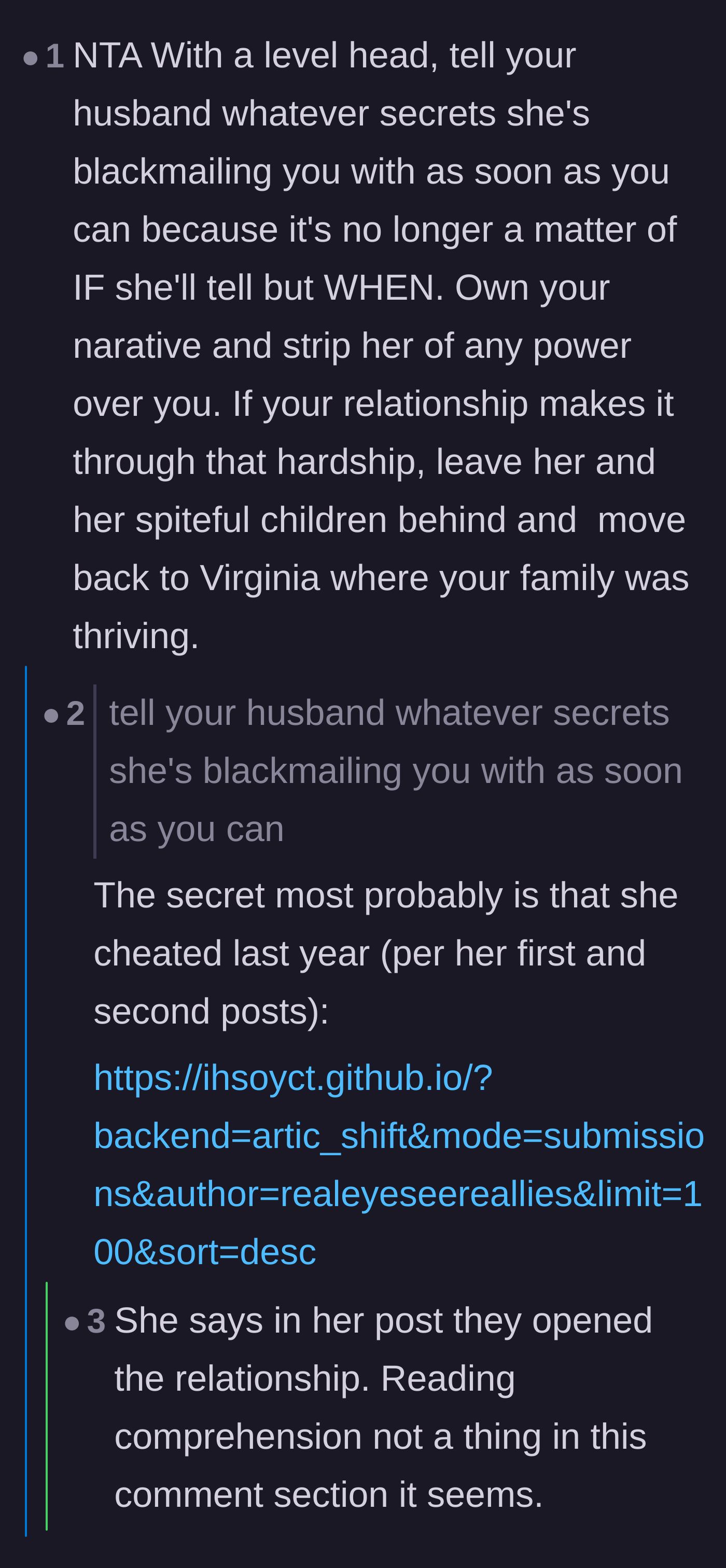 Comment thread 4 - Suggesting the main character confess her secrets first to destroy the blackmail leverage
