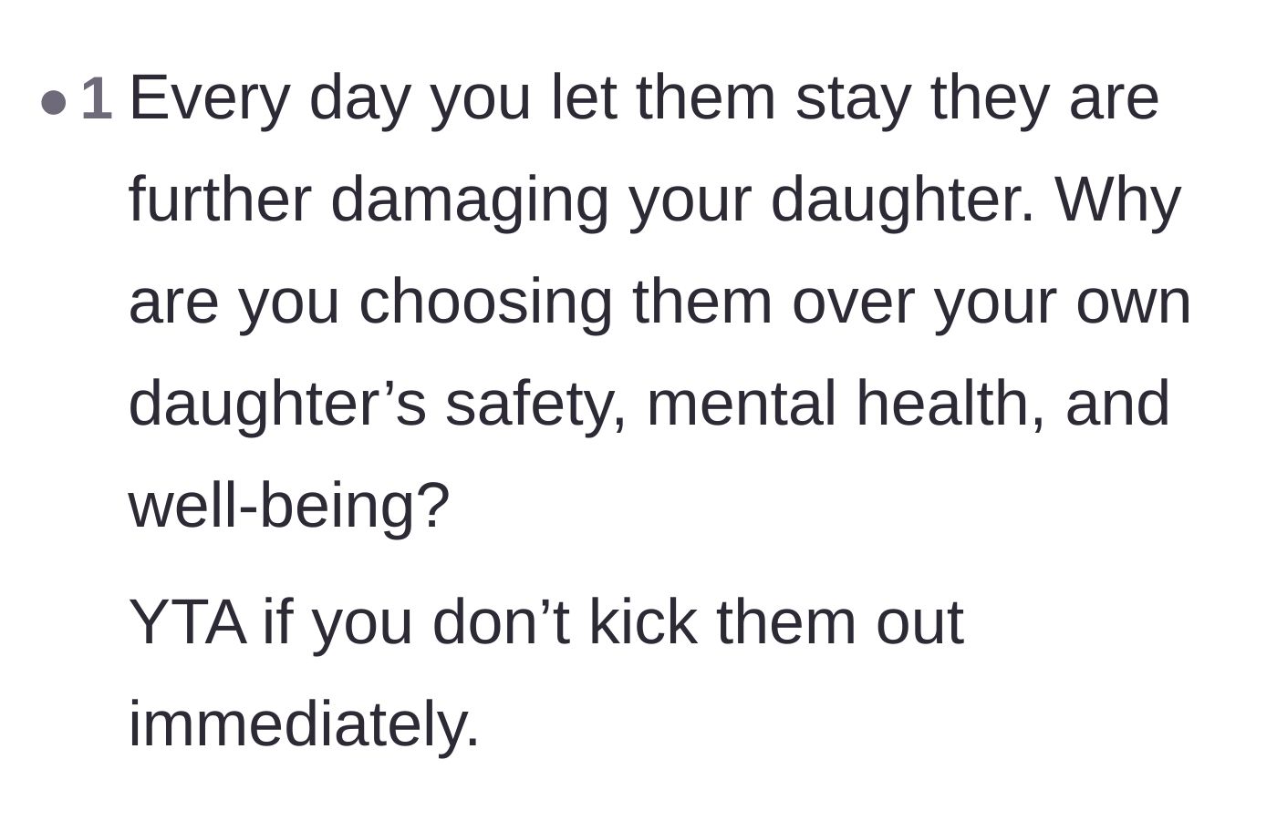 Comment thread 6 - Warning that delaying the eviction only damages the main character's daughter