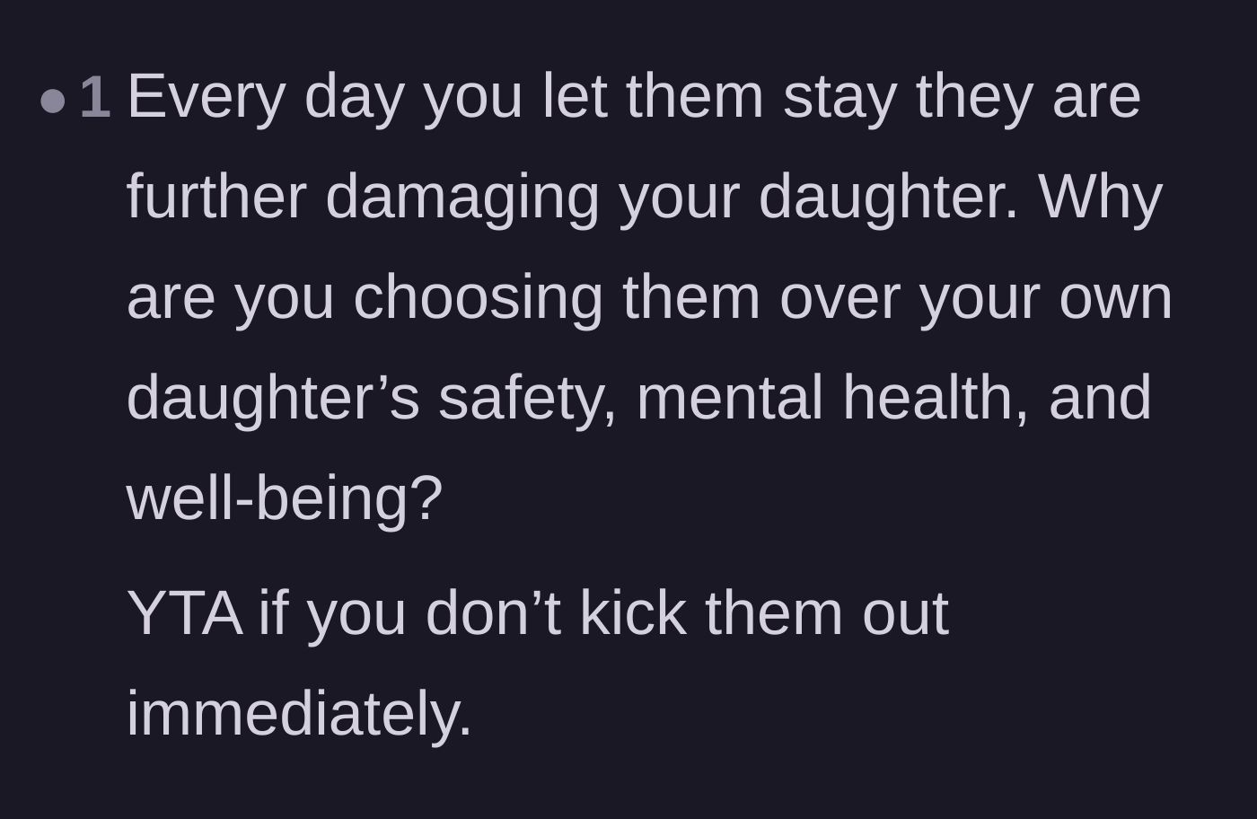 Comment thread 6 - Warning that delaying the eviction only damages the main character's daughter