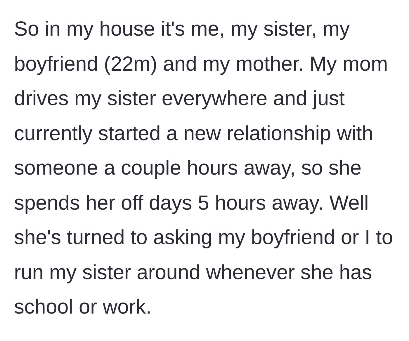 Story part 2 - The mother moves away for days at a time for a new boyfriend, dumping the responsibility of the teen onto the older sister and her boyfriend.