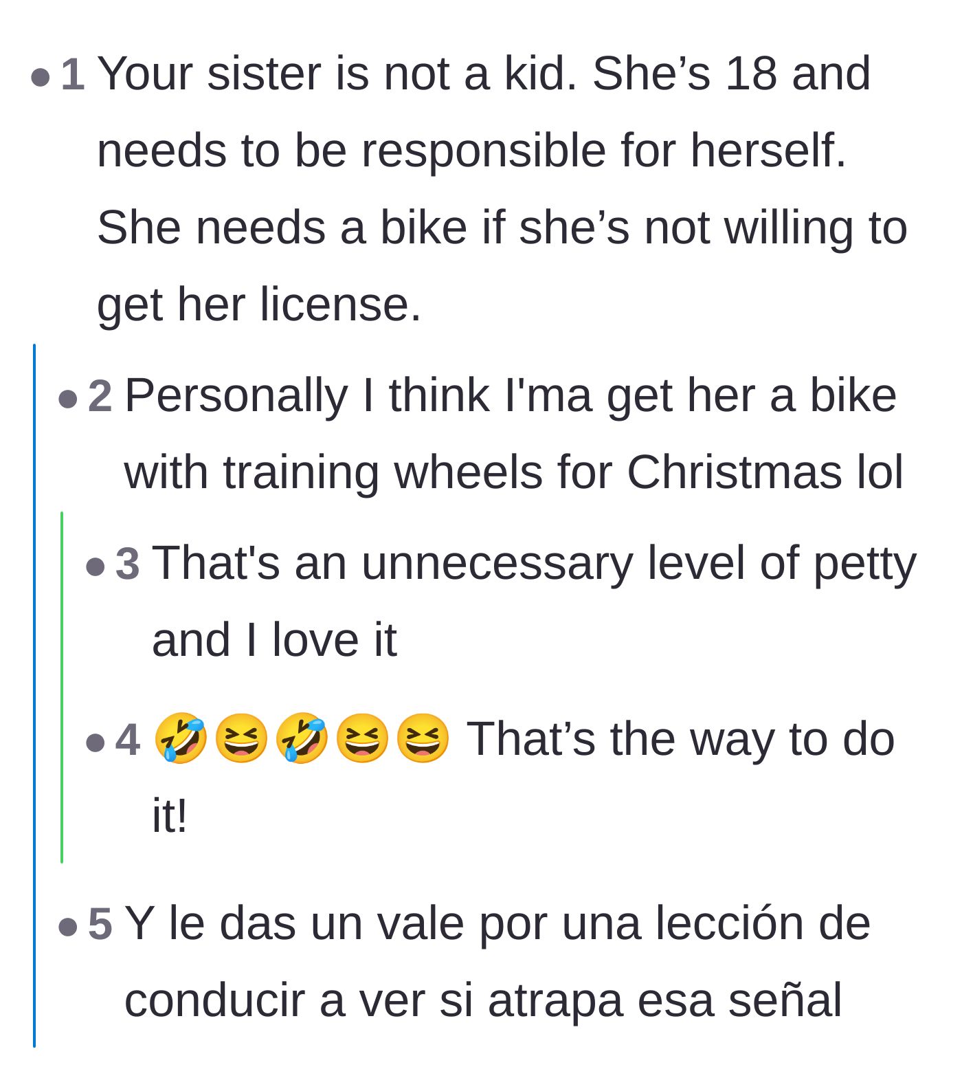 Comment thread 1 - Readers jokingly suggest buying the 18-year-old sister a tricycle to force her to be independent