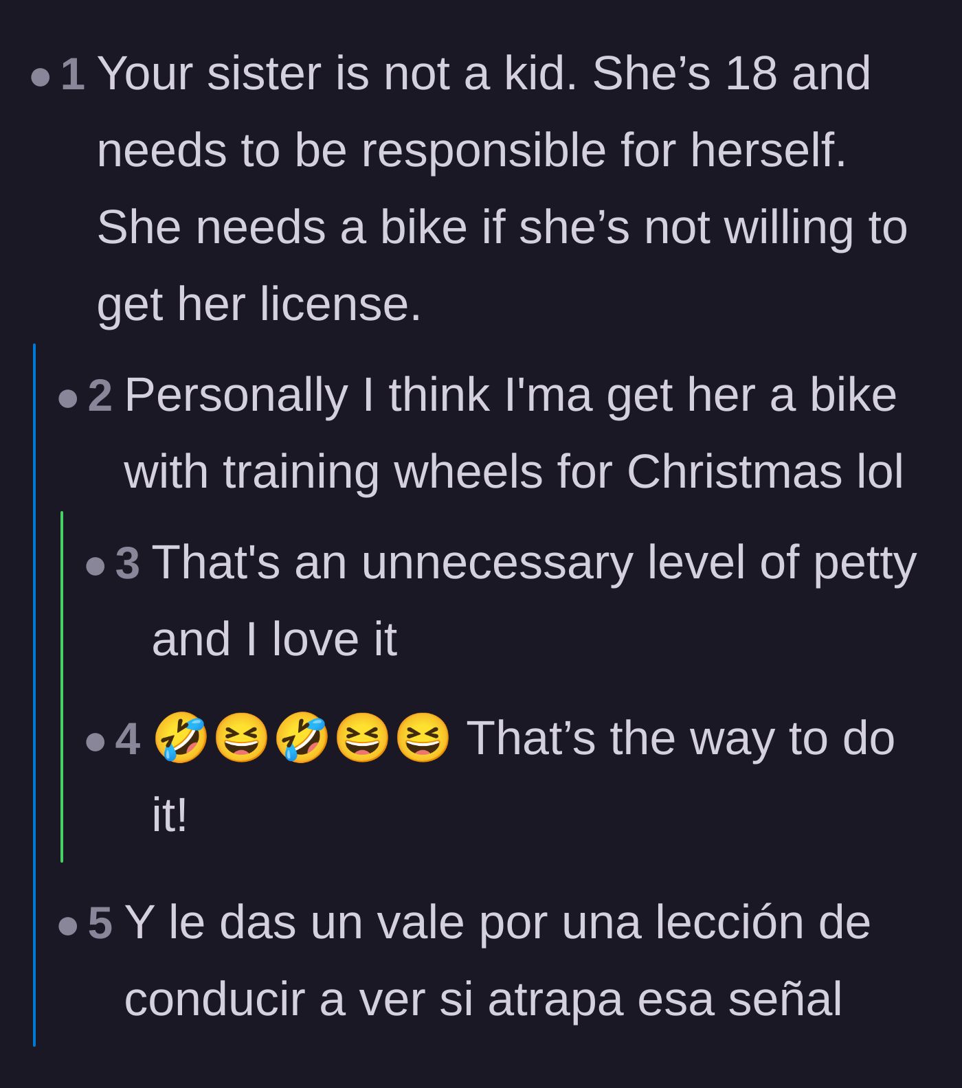 Comment thread 1 - Readers jokingly suggest buying the 18-year-old sister a tricycle to force her to be independent