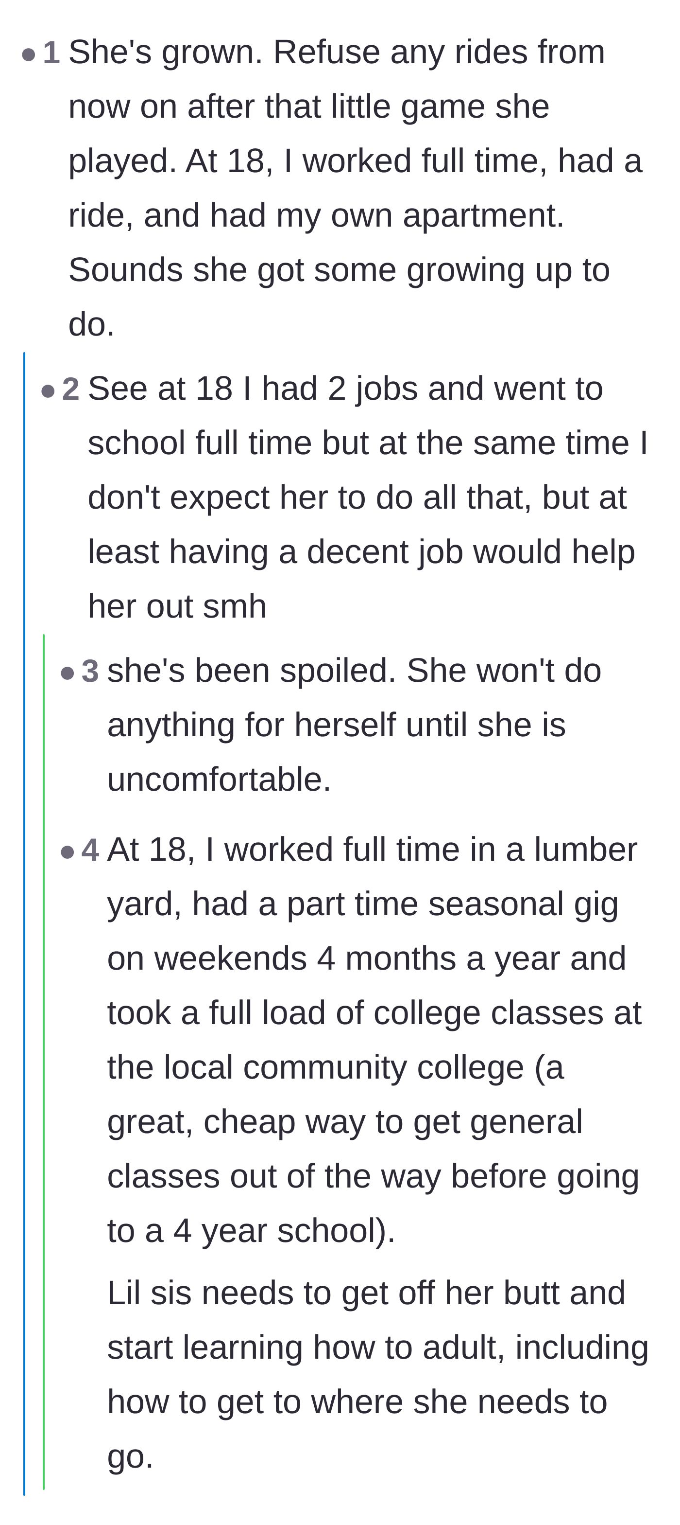 Comment thread 5 - Readers comparing their own grueling teenage work ethics to the sister's weaponized incompetence