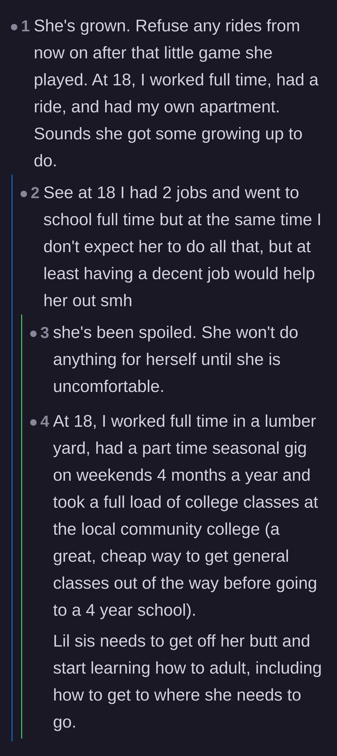 Comment thread 5 - Readers comparing their own grueling teenage work ethics to the sister's weaponized incompetence