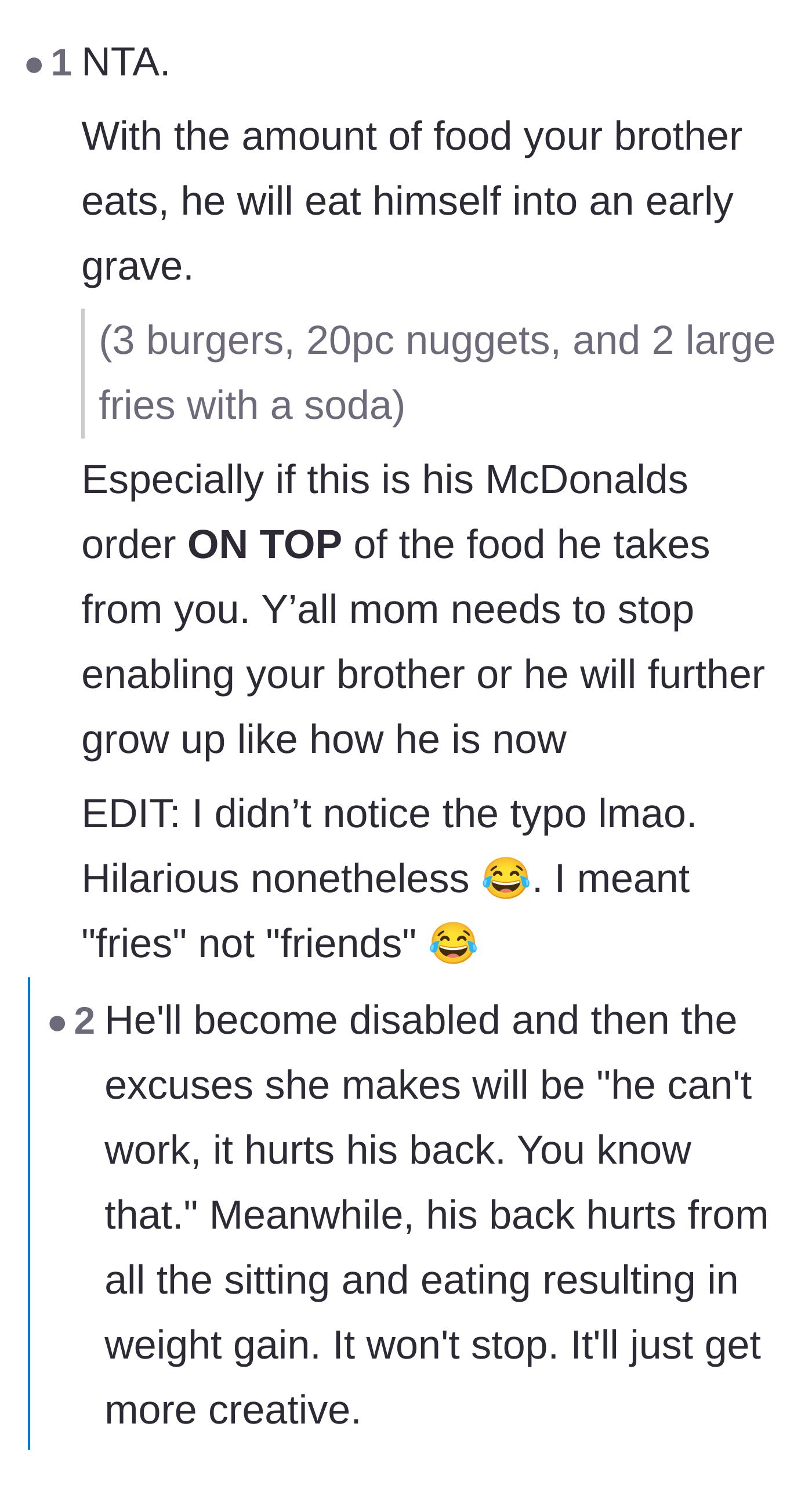 Comment thread 1 - A user calculates the calorie count of the massive McDonald's order and predicts a grim future for the brother's health.