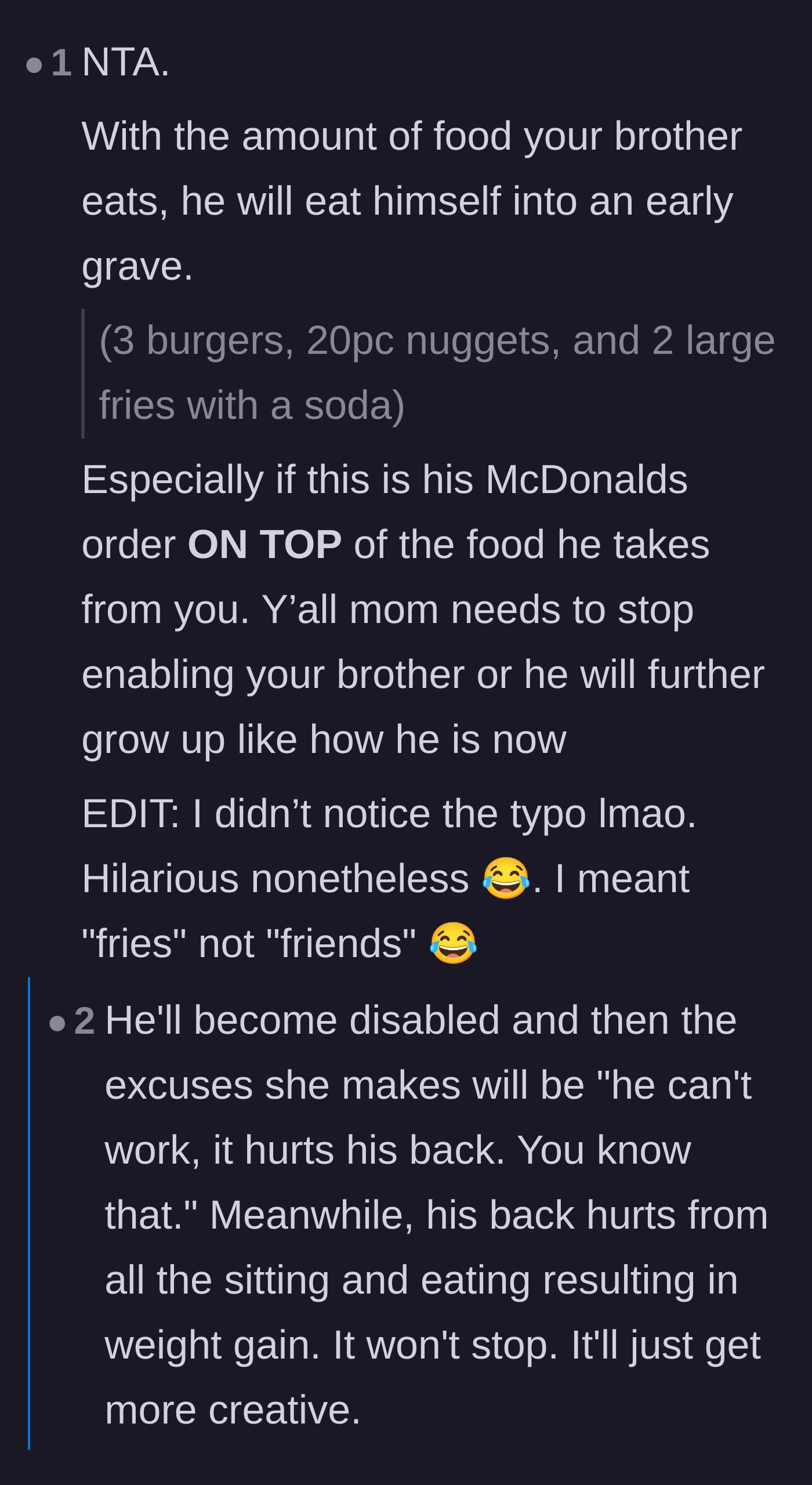 Comment thread 1 - A user calculates the calorie count of the massive McDonald's order and predicts a grim future for the brother's health.