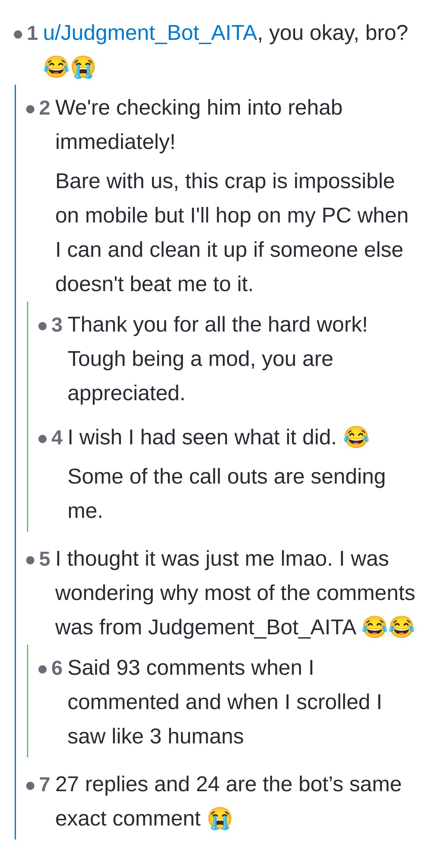 Comment thread 2 - Users joking about the subreddit's automated judgment bot glitching out and spamming the comment section.