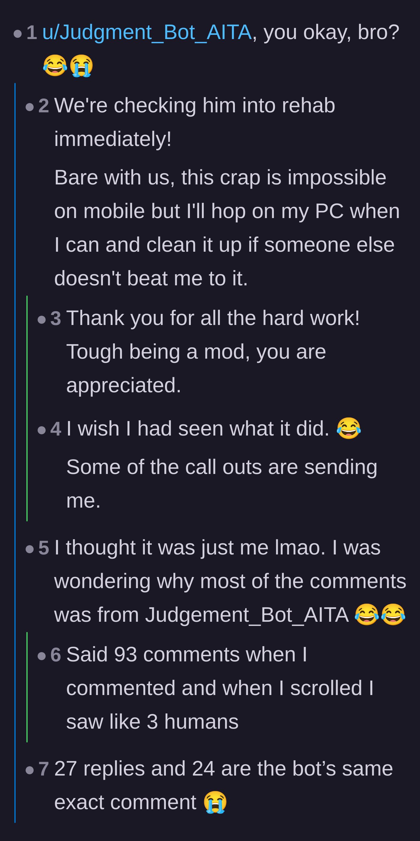 Comment thread 2 - Users joking about the subreddit's automated judgment bot glitching out and spamming the comment section.
