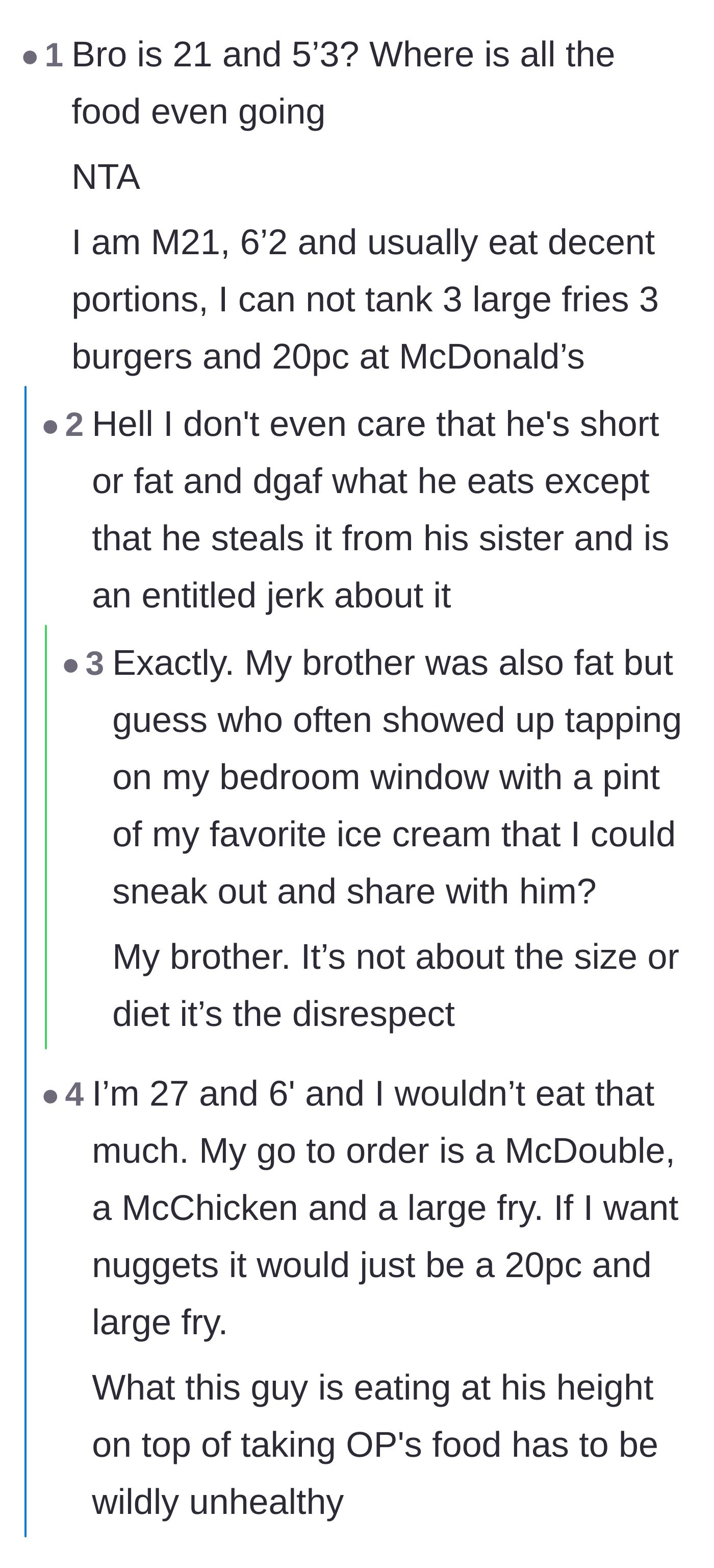 Comment thread 4 - Tall men in the comments express disbelief at the sheer volume of food a 5'3' guy is consuming, while others focus on the disrespect.