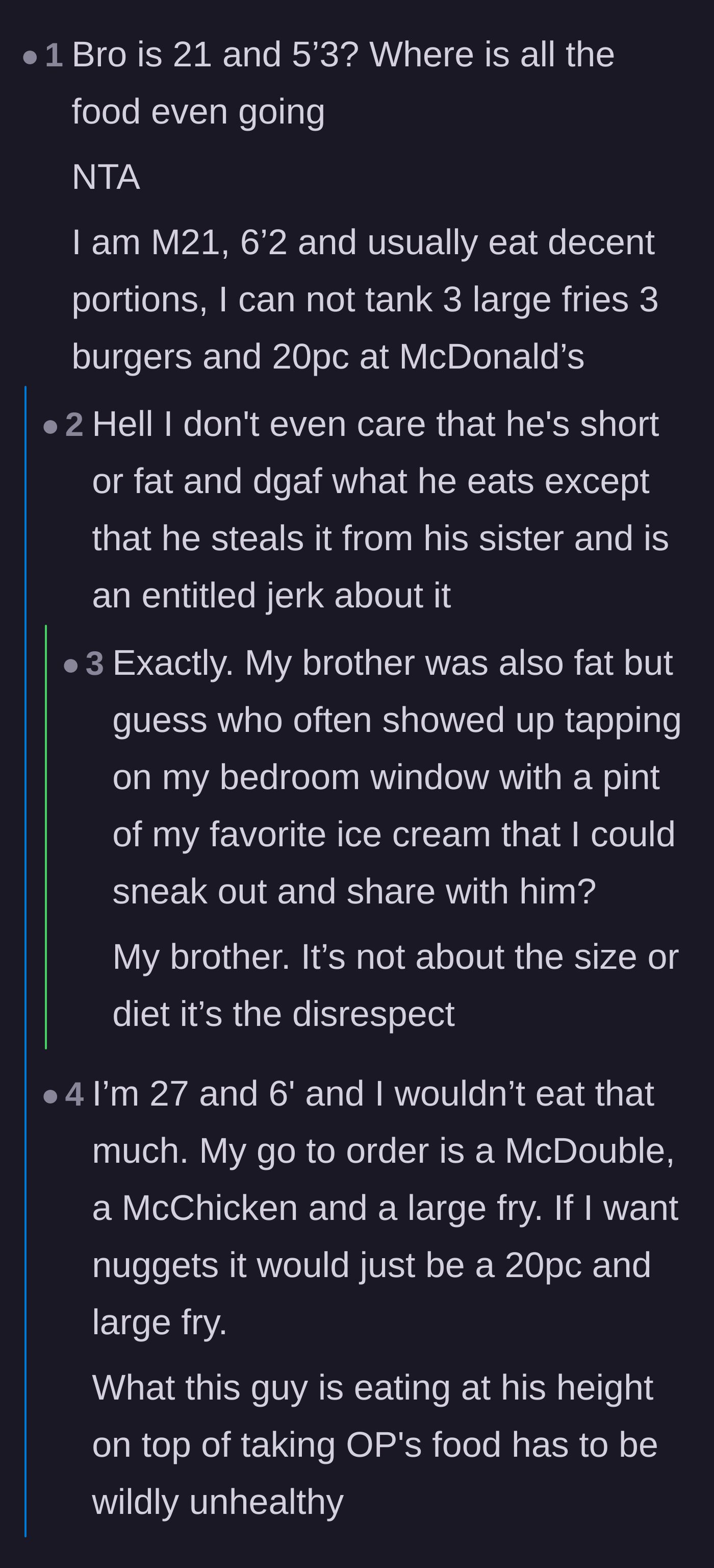 Comment thread 4 - Tall men in the comments express disbelief at the sheer volume of food a 5'3' guy is consuming, while others focus on the disrespect.