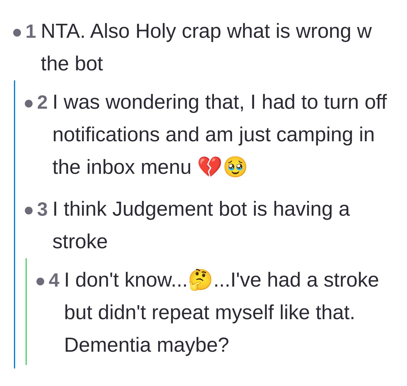 Comment thread 6 - More users laughing at the glitching bot, wondering if it's having a medical emergency.