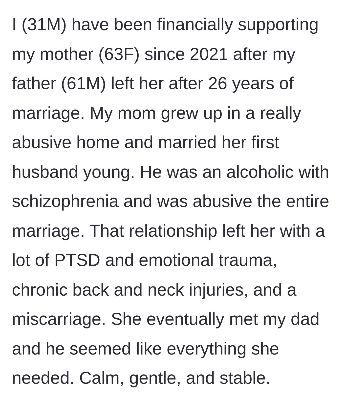 Story part 1 - A brief history of the mother's abusive first marriage, trauma, and finding a seemingly stable second husband.