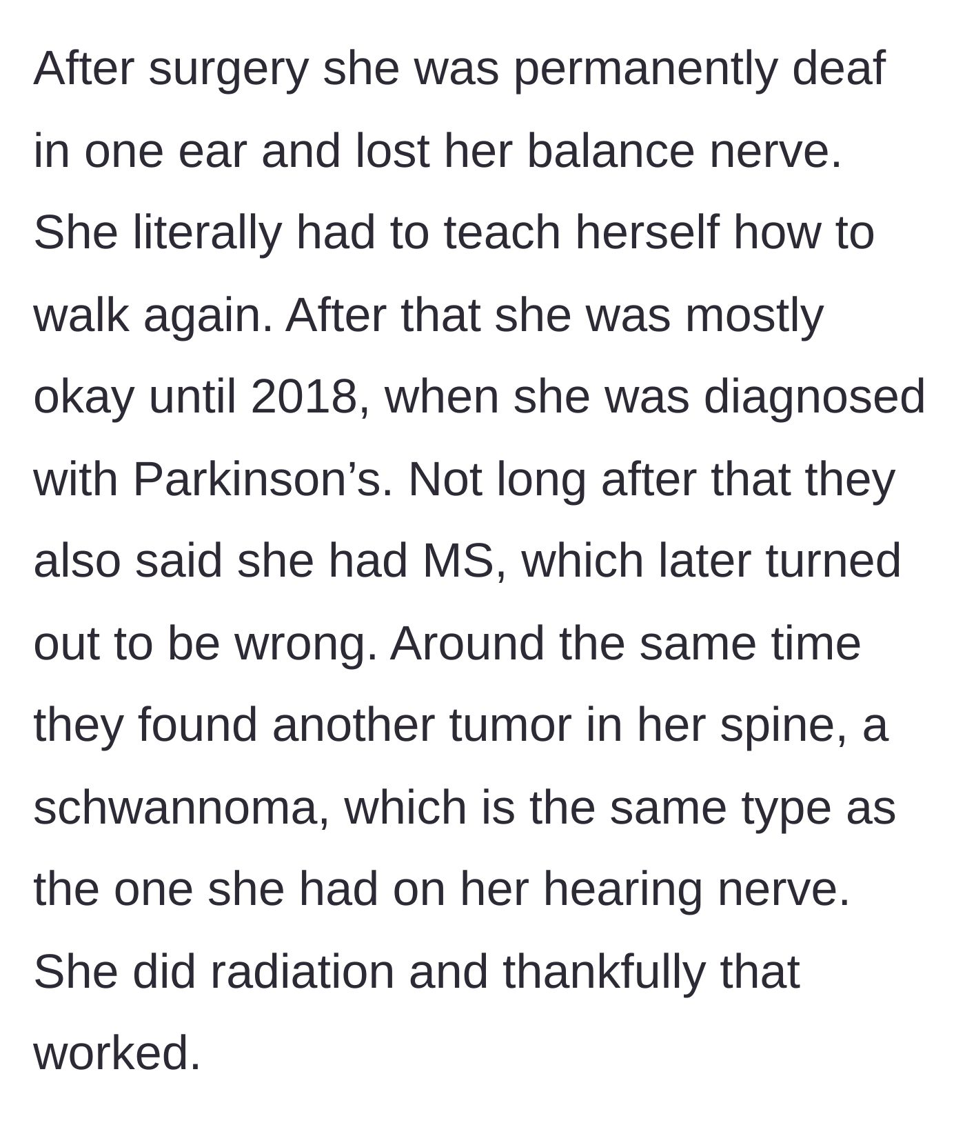 Story part 3 - The mother is diagnosed with Parkinson's disease and a spinal tumor in 2018, enduring radiation and severe health declines.