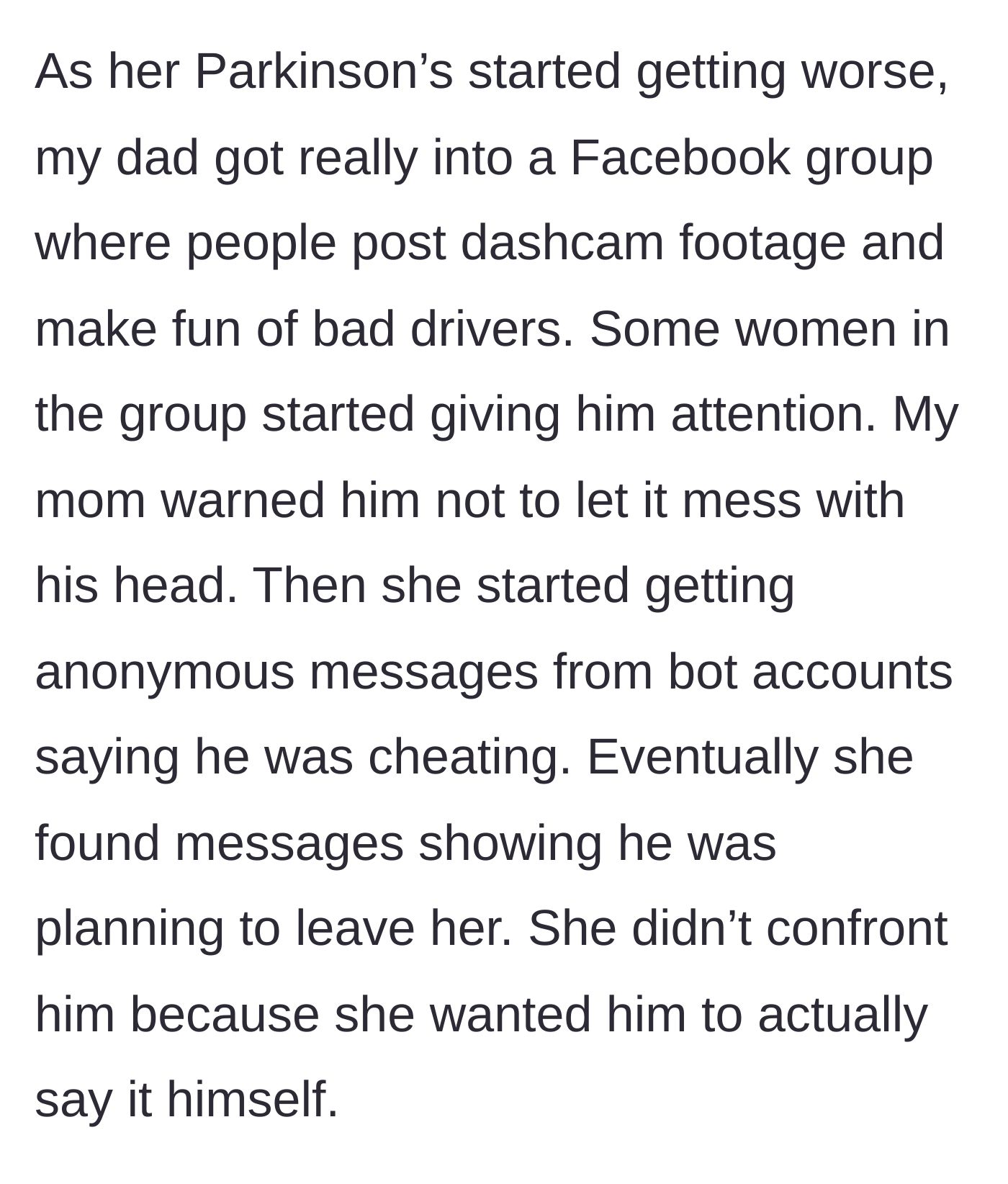 Story part 4 - The father becomes obsessed with a Facebook dashcam group, receives attention from women, and secretly plans to abandon his sick wife.