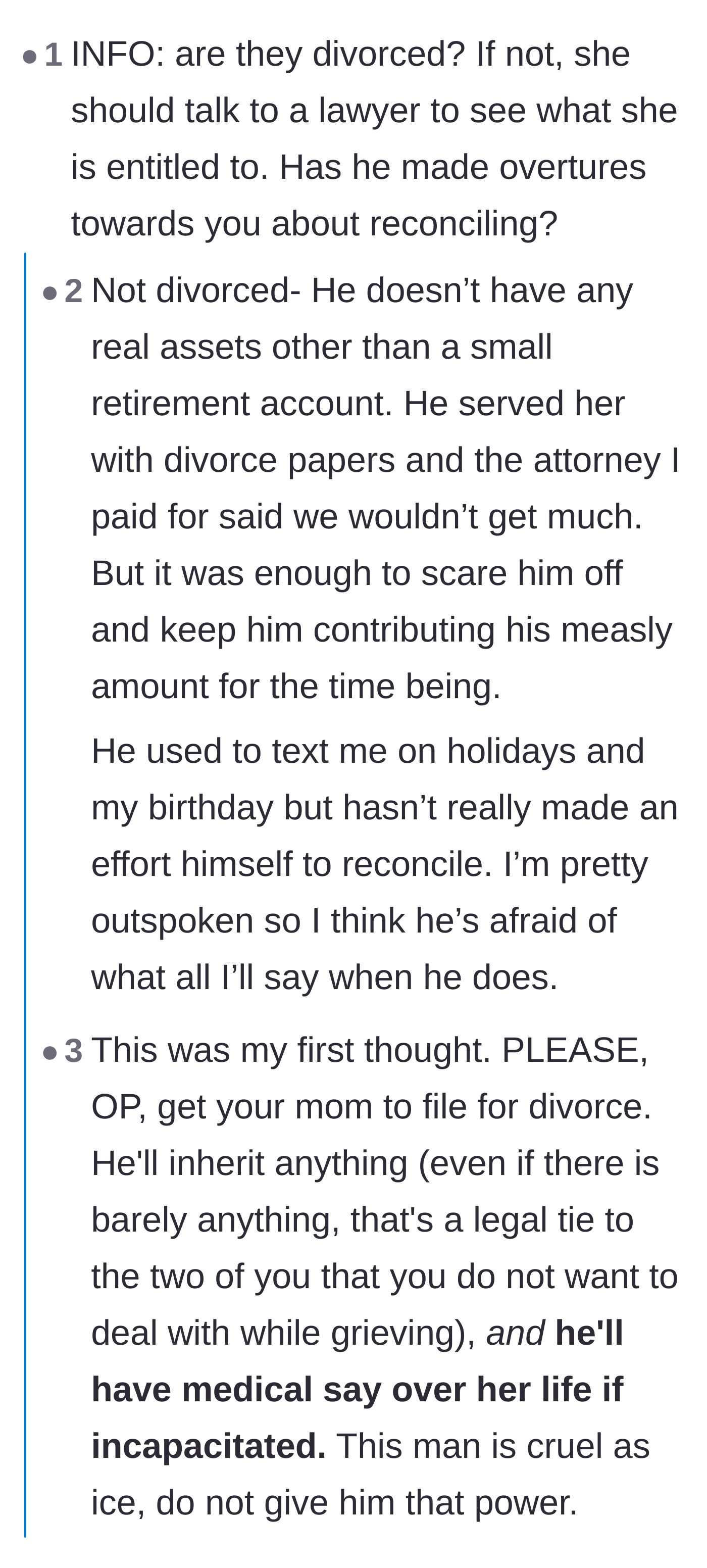 Comment thread 1 - Advice urging the son to help his mother pursue a legal divorce to protect her remaining assets and medical autonomy.