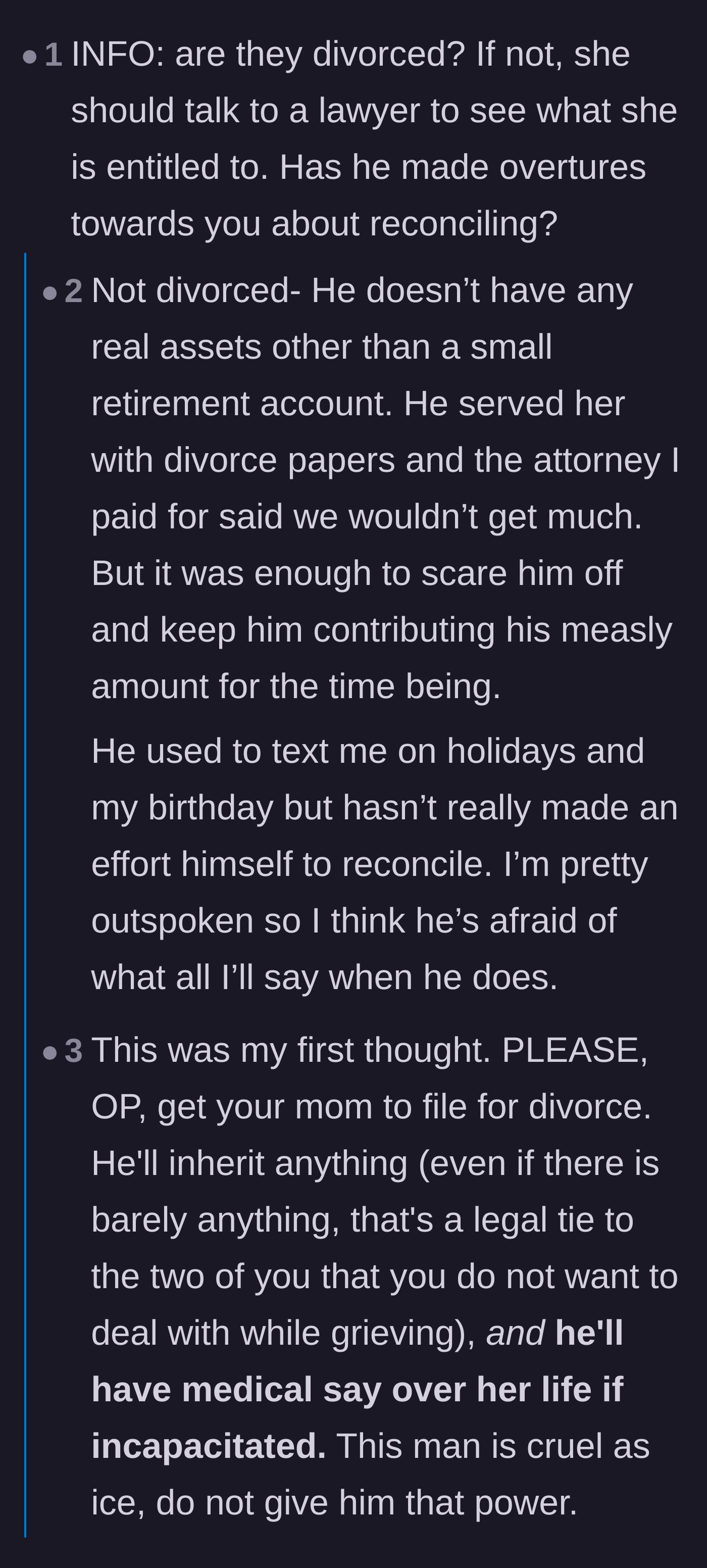 Comment thread 1 - Advice urging the son to help his mother pursue a legal divorce to protect her remaining assets and medical autonomy.