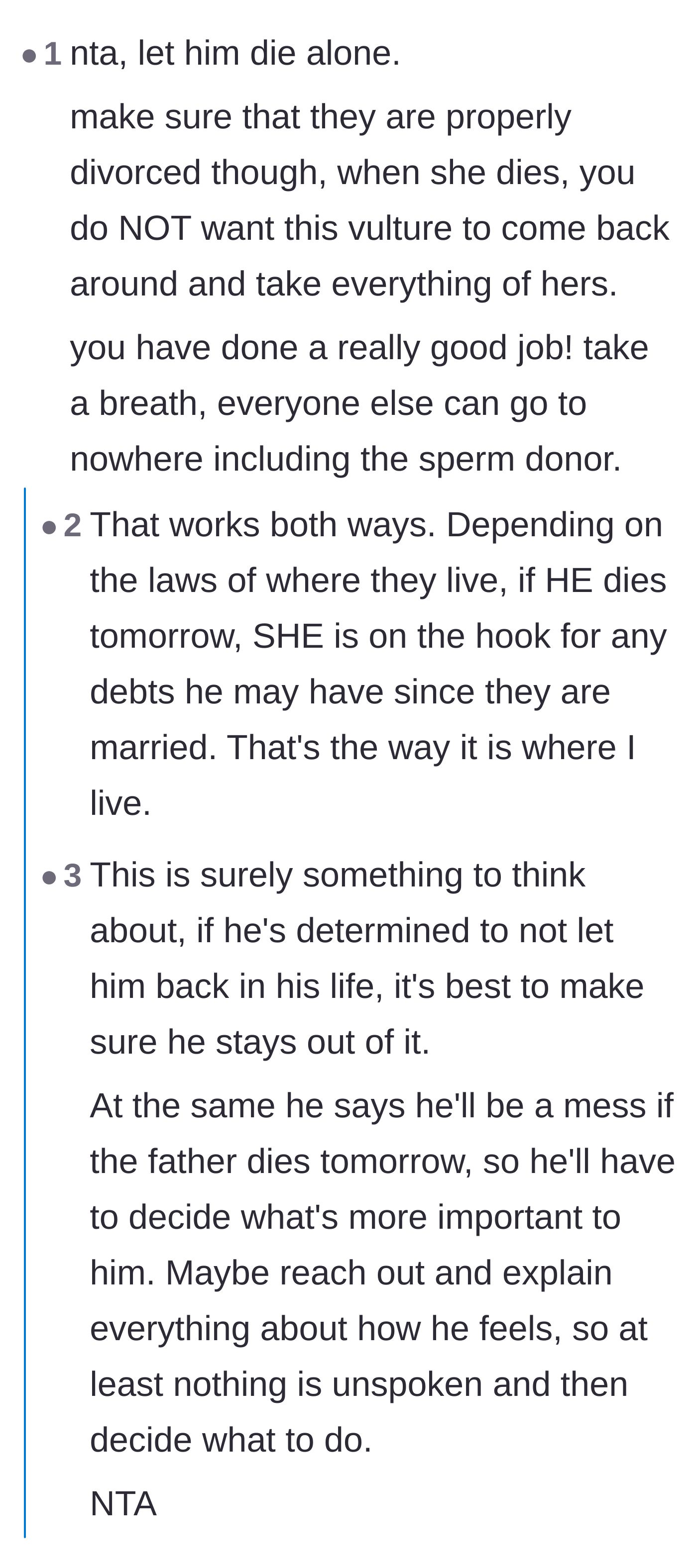 Comment thread 2 - A discussion about the legal risks of inheriting spousal debt and overwhelming support for the son's choice to step away.