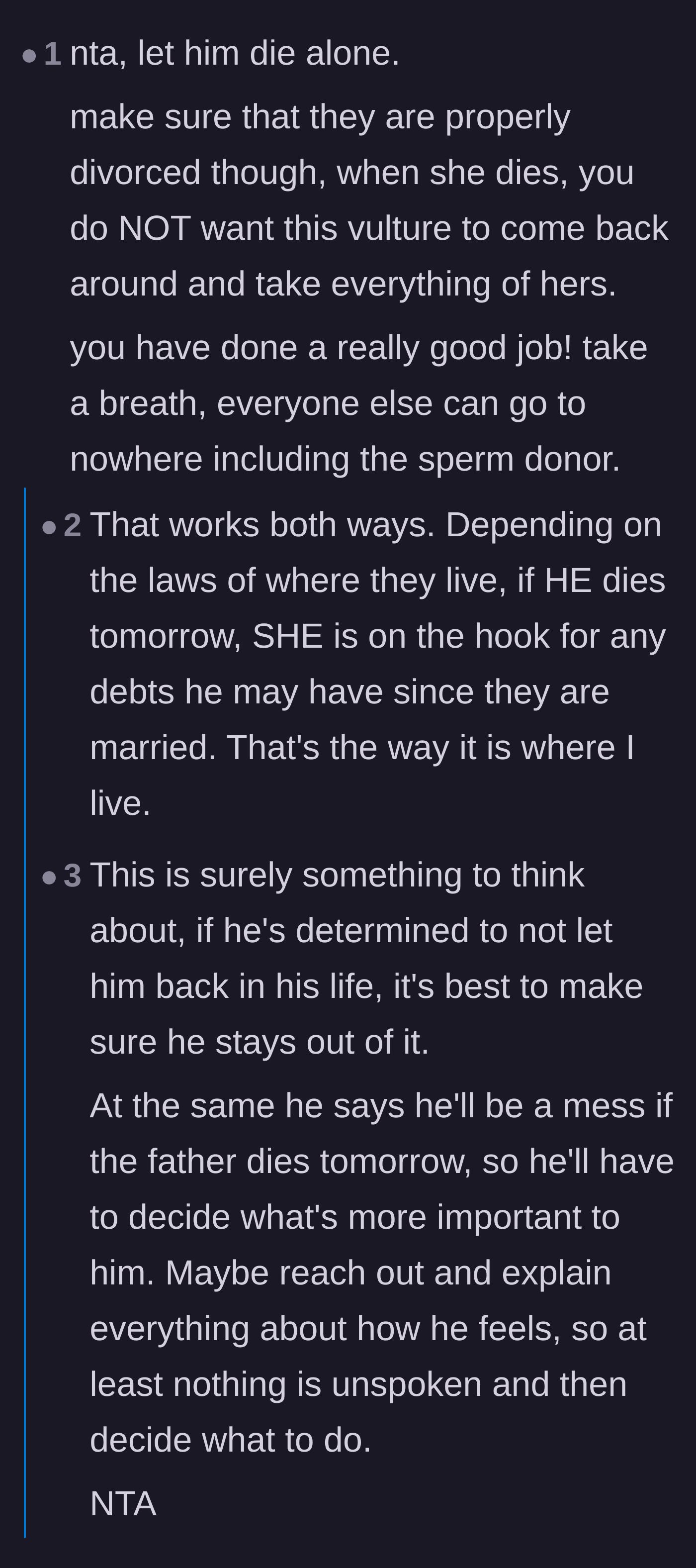 Comment thread 2 - A discussion about the legal risks of inheriting spousal debt and overwhelming support for the son's choice to step away.