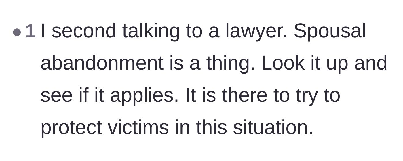 Comment thread 3 - A suggestion to consult a lawyer regarding spousal abandonment laws to legally protect the disabled mother.