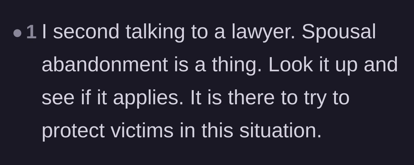 Comment thread 3 - A suggestion to consult a lawyer regarding spousal abandonment laws to legally protect the disabled mother.