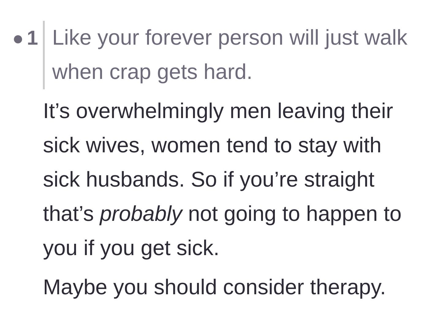 Comment thread 4 - Empathy for the son's fear of commitment, noting statistics about men leaving sick partners, and a recommendation for therapy.
